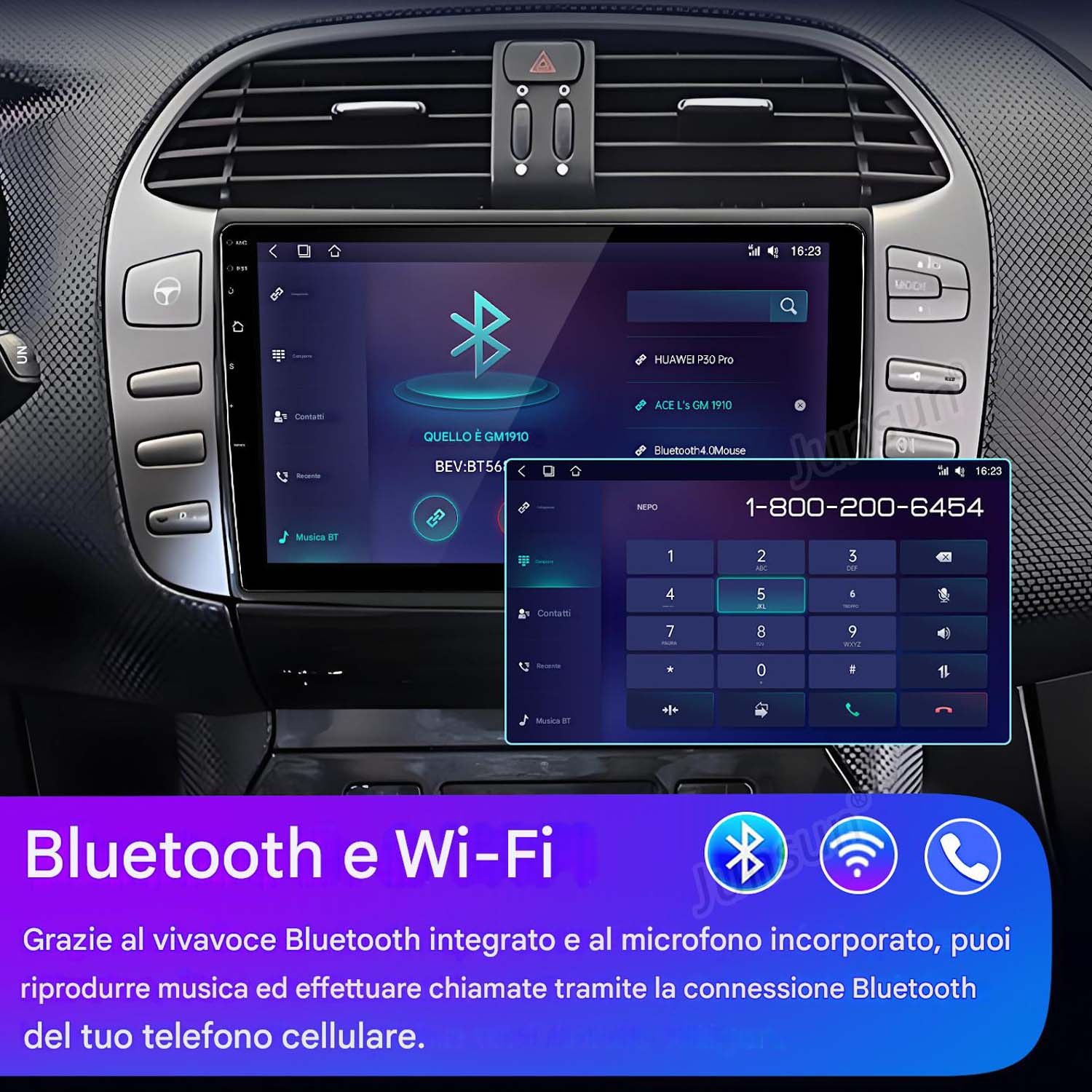 Cruscotto auto con schermo che mostra le opzioni Bluetooth e Wi-Fi, insieme a una tastiera telefonica.