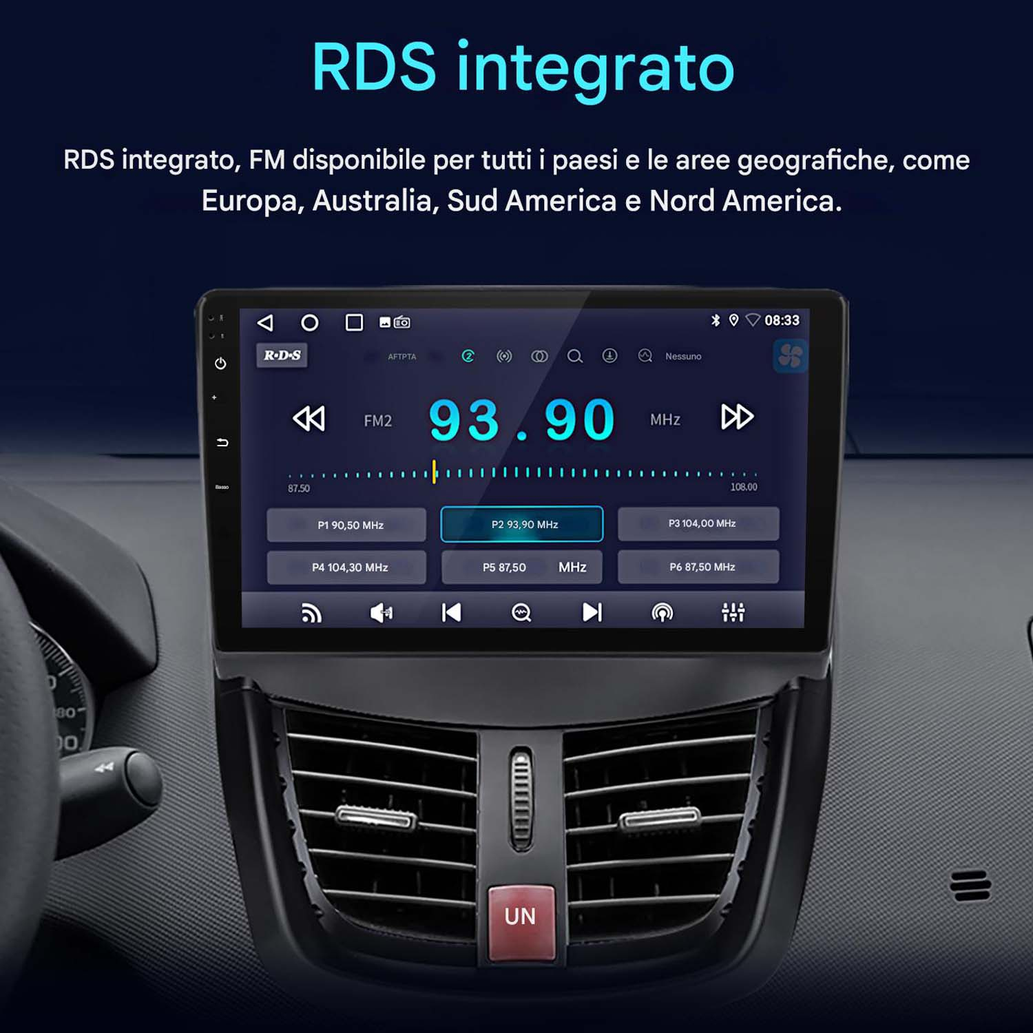 Schermo autoradio che mostra RDS integrato. Lo schermo mostra i dettagli della frequenza radio.
