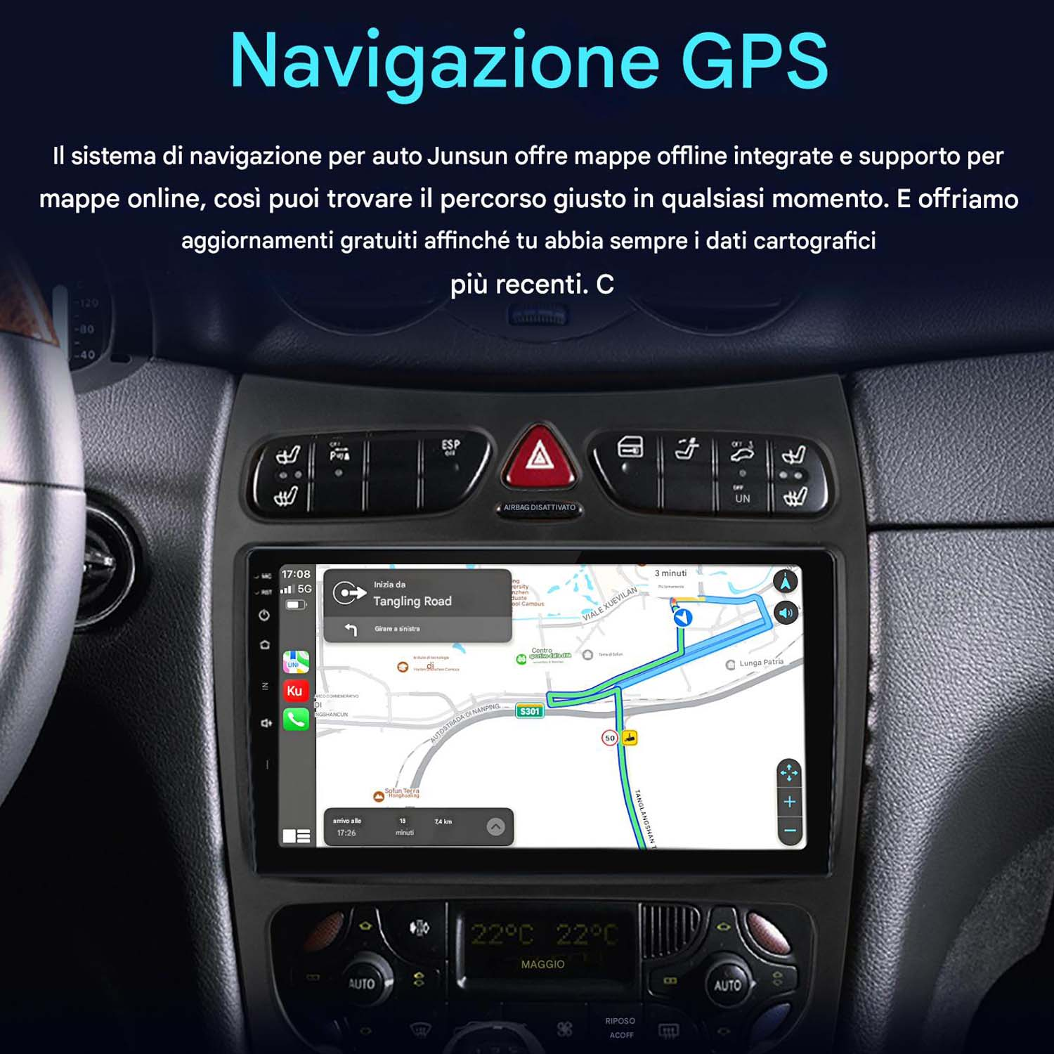 Schermo del cruscotto dell'auto che mostra una mappa di navigazione con un percorso evidenziato. Lo schermo mostra una mappa.