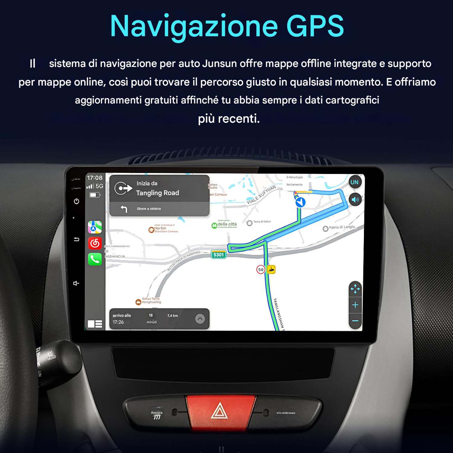 Cruscotto auto con schermo di navigazione GPS che mostra una mappa del percorso.
