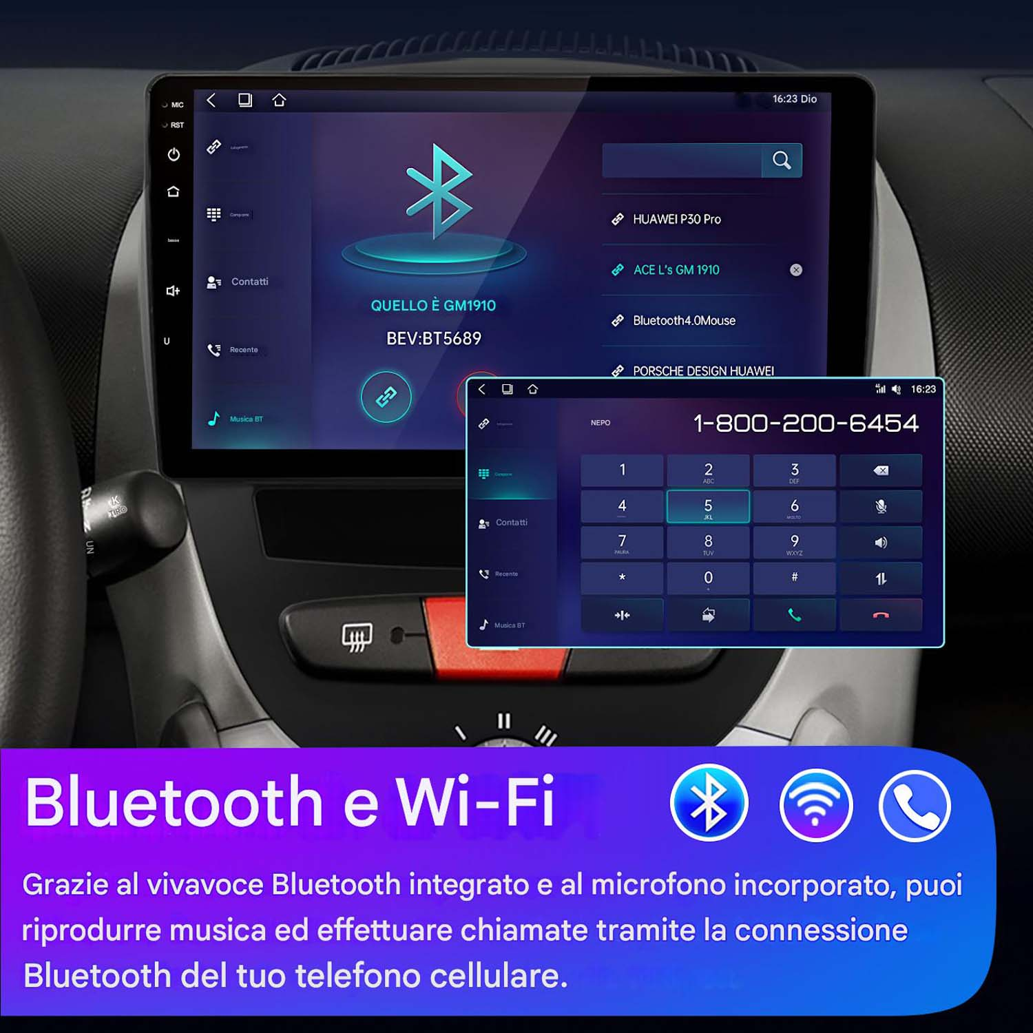 Schermo stereo auto con funzioni Bluetooth, che mostra connessione Bluetooth e telefono.
