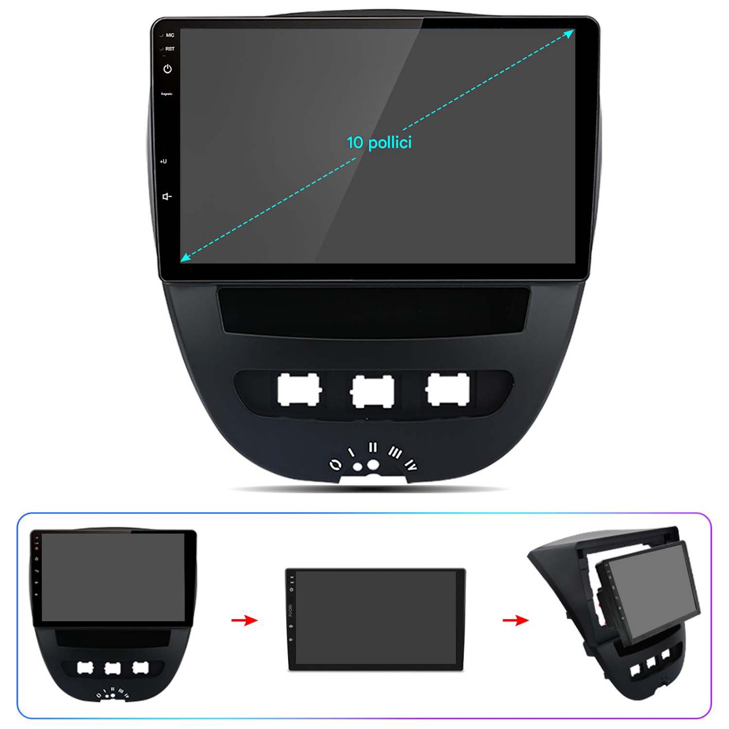 Autoradio con schermo di grandi dimensioni e display dei componenti. Vengono mostrate diverse opzioni di montaggio.