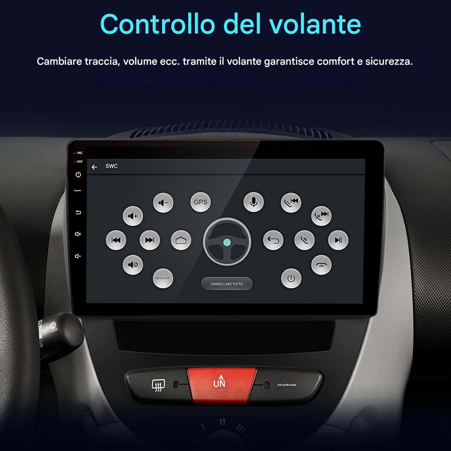 Cruscotto del sistema multimediale per auto con schermo che mostra un'interfaccia del volante e i controlli.