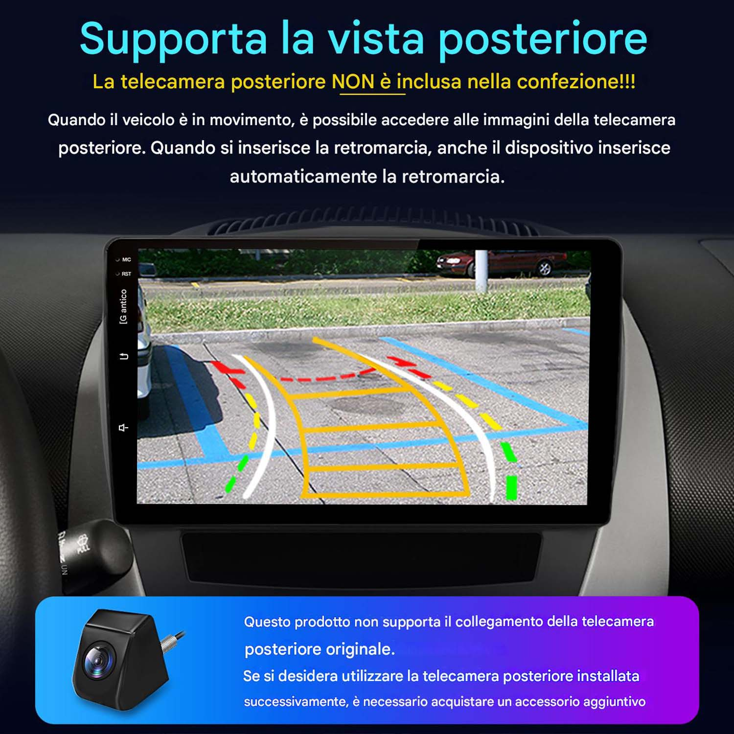 Cruscotto auto con schermo multimediale che mostra l'immagine della telecamera posteriore. Il testo indica che la telecamera non è inclusa.