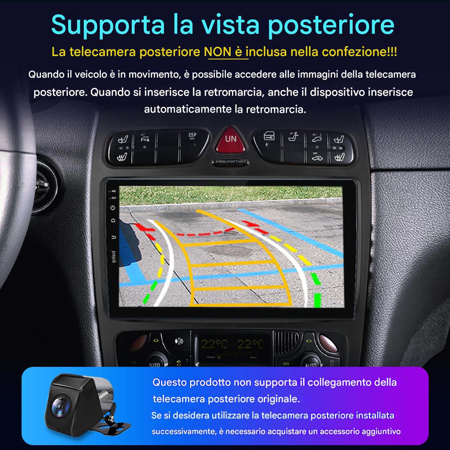 Schermo dell'auto che mostra un display della telecamera posteriore con guide e una telecamera in basso.