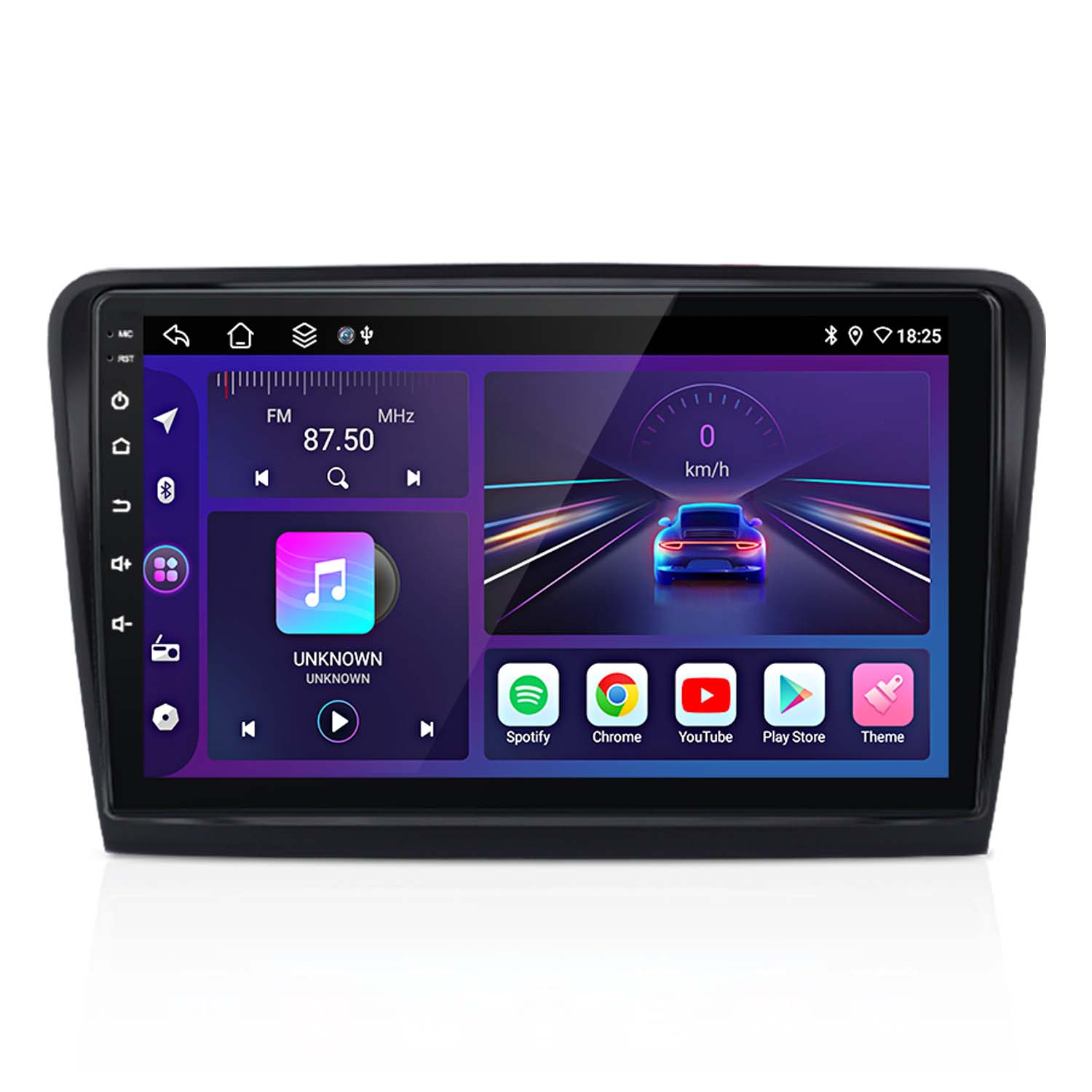 Schermo dell'autoradio che mostra l'interfaccia dell'app musicale con un tachimetro per auto e altre icone di app.