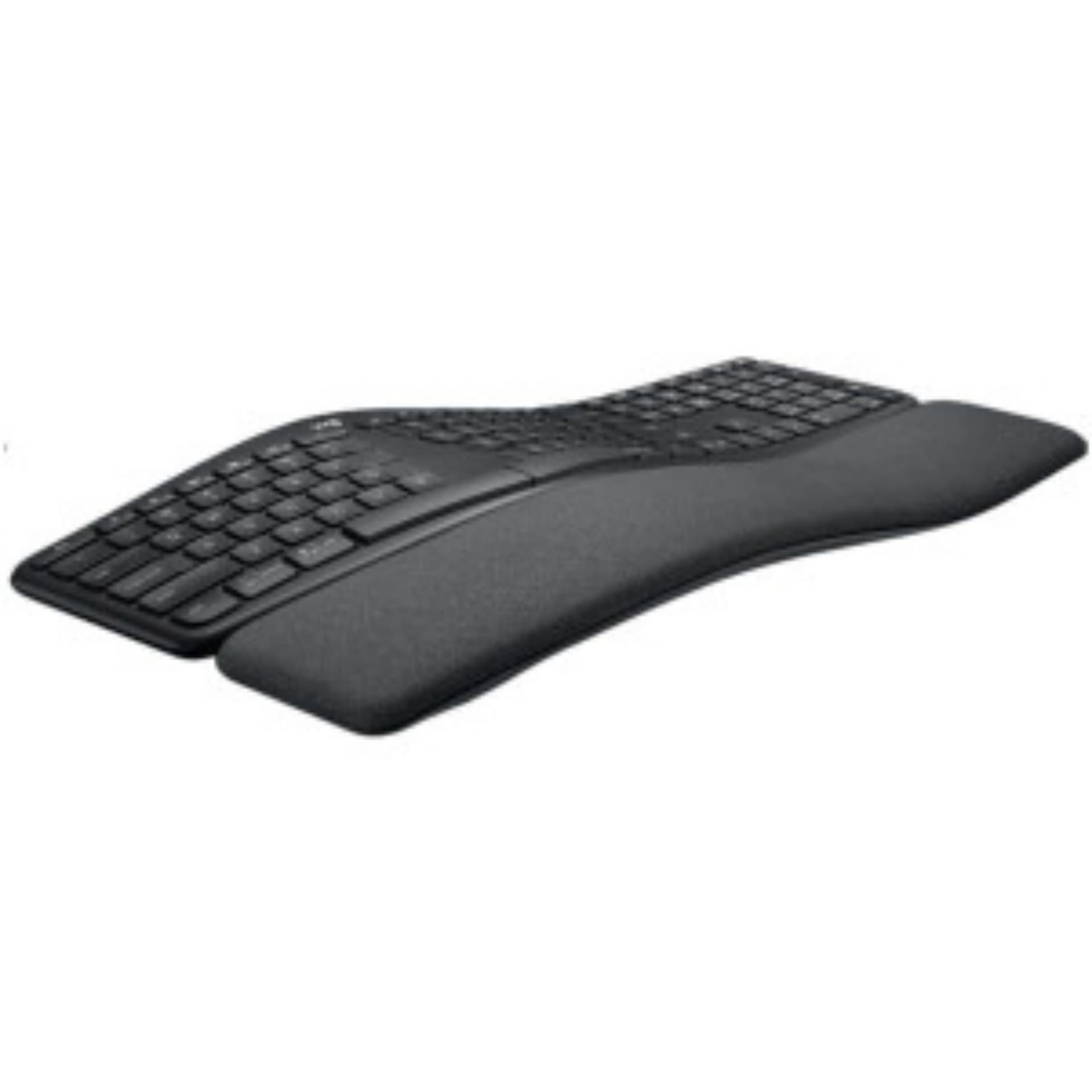 Zwart ergonomisch toetsenbord met polssteun. Het heeft een gebogen ontwerp voor comfortabel typen.
