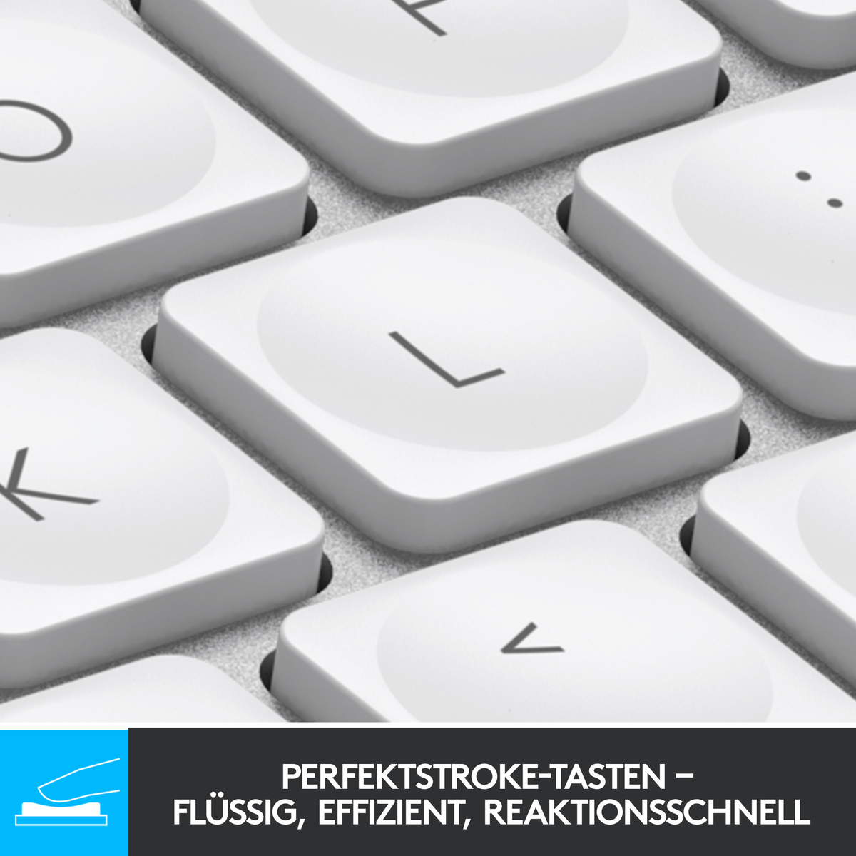 Zbliżenie jasnych klawiszy klawiatury. Litera 'L' jest widoczna. Tekst poniżej brzmi 'PFRFFKTSTROKE'.