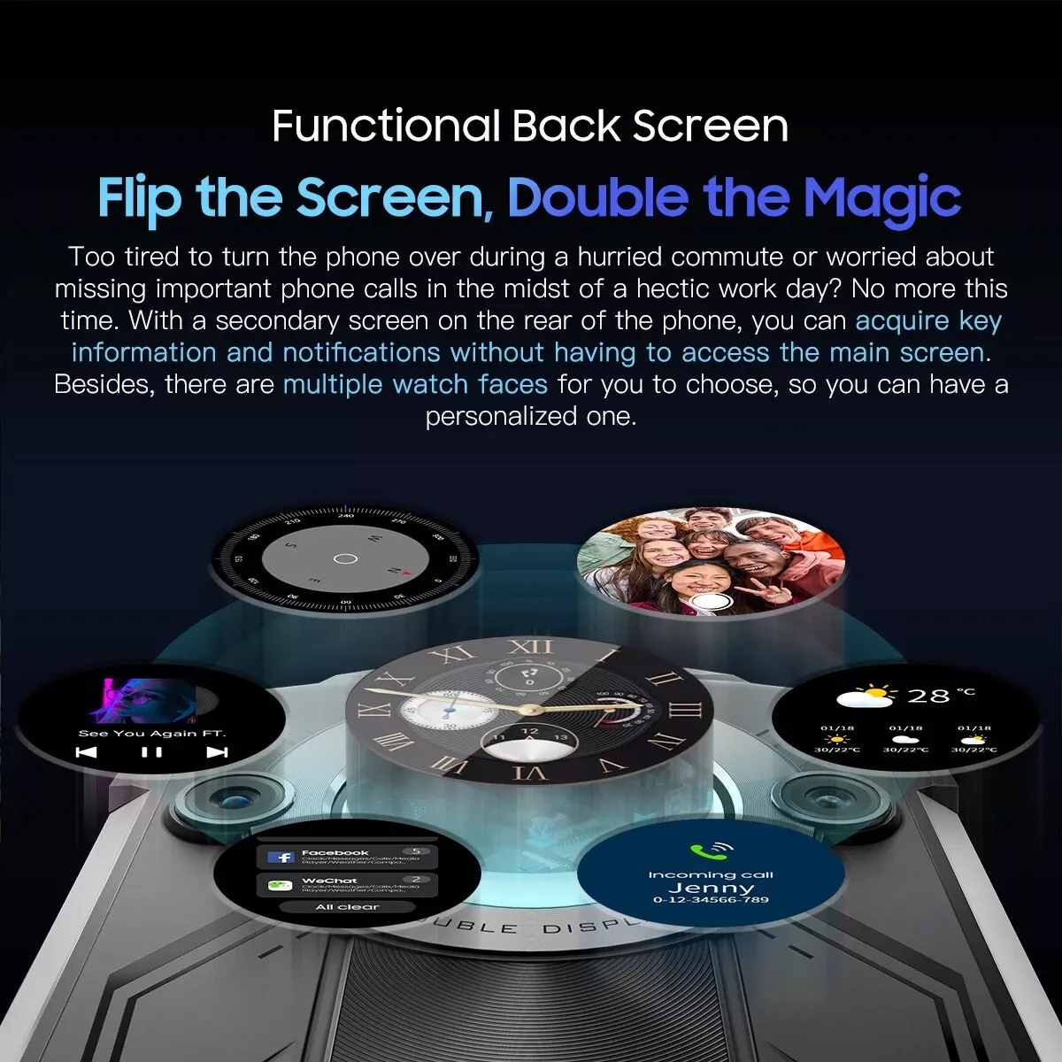 Primo piano di uno smartwatch che mostra diverse interfacce. Sono visibili più schermi, con uno sfondo nero.