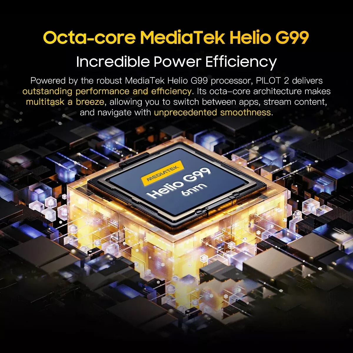 Primo piano di un processore con il testo “MediaTek Helio G99” e un effetto luminoso.