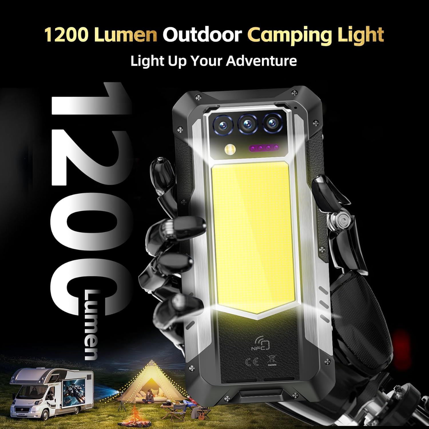 Ein robustes Telefon mit 1200 Lumen Outdoor-Campinglicht, mit Beispielen.