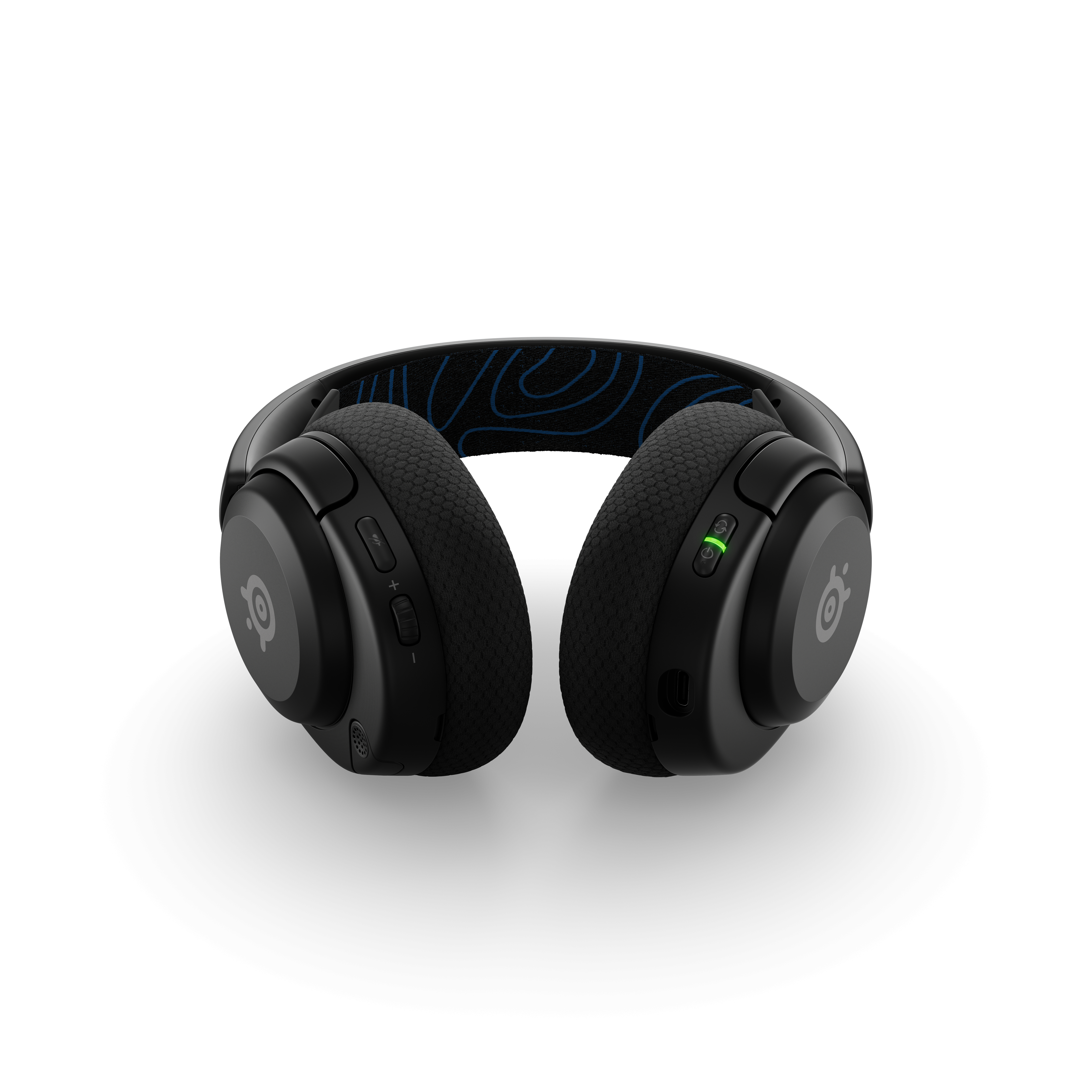 Schwarze kabellose Kopfhörer mit blauem Muster am Kopfband. SteelSeries-Logo sichtbar.