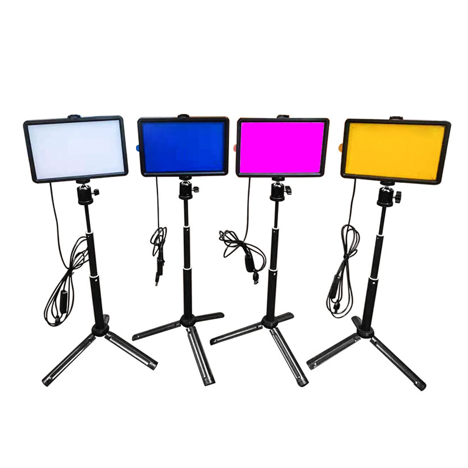 Vier verstellbare LED-Leuchten auf Ständern. Jede hat eine andere Farbe: weiß, blau, pink und gelb.