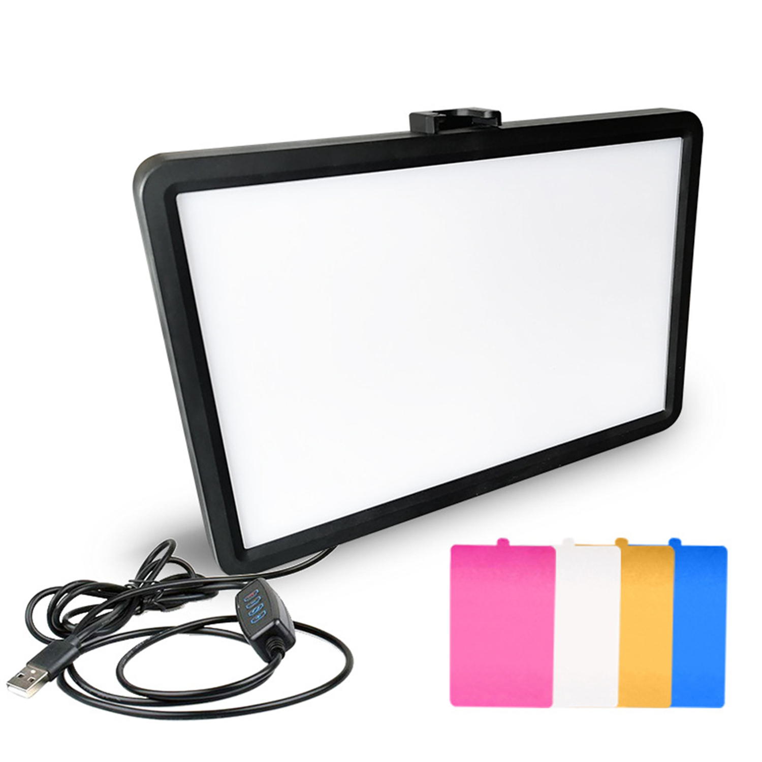 Schwarzes Lichtpanel mit schwarzem Rahmen. Rosa, weiße, goldene und blaue Karten.