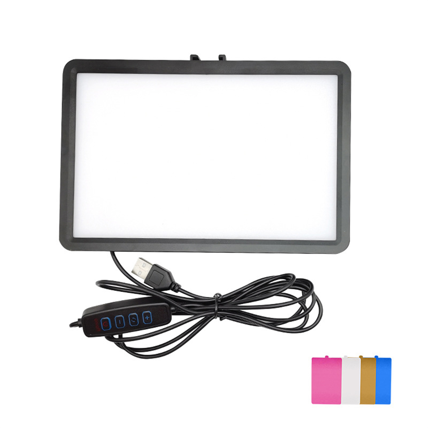 Flaches LED-Panel-Licht mit schwarzem Rahmen, USB-Kabel und Steuertasten. Farbige Filter.