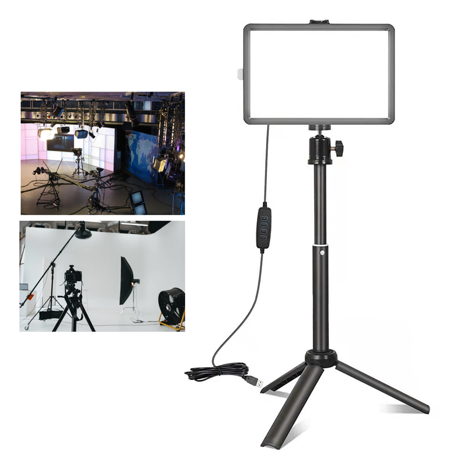 Studio-Lichtaufbau mit einer Lichttafel auf einem Stativ und anderer Ausrüstung im Hintergrund.