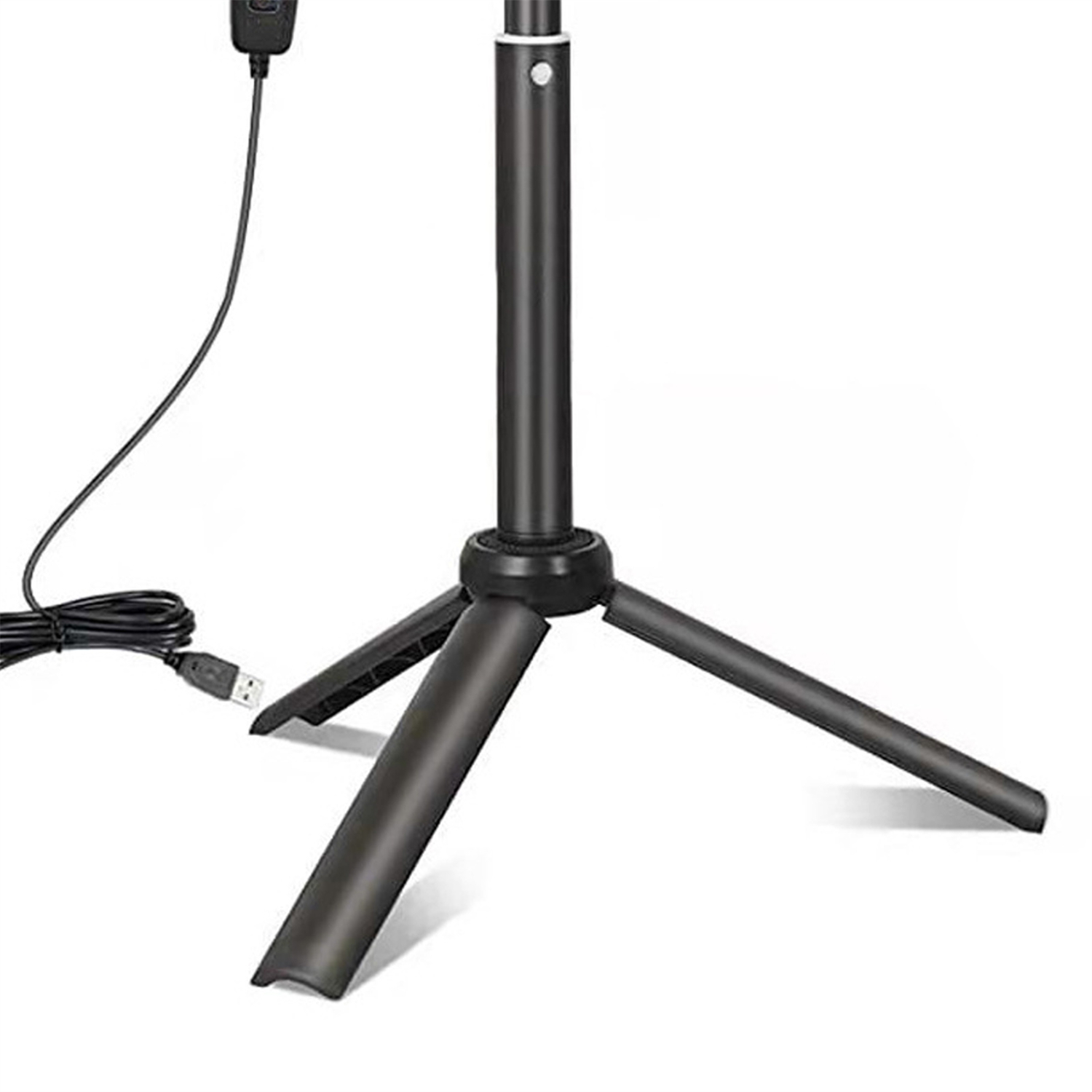 Schwarzes Stativ mit USB-Kabel und Gerät oben mit Ein-/Aus-Taste.