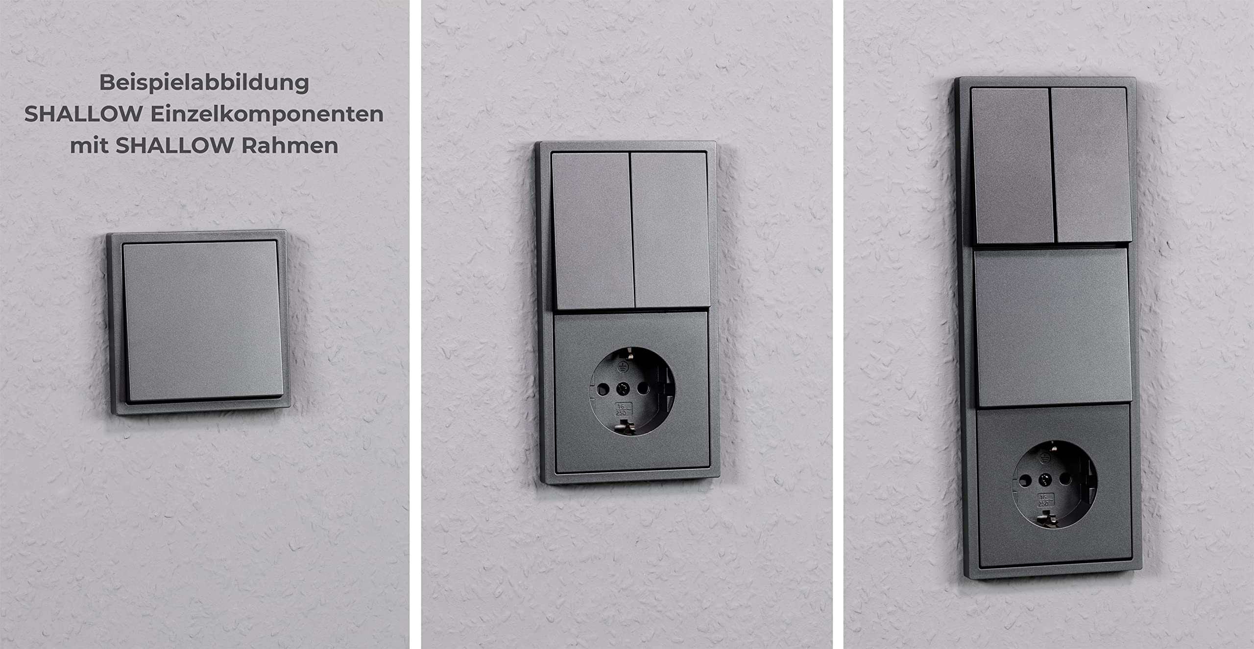 Drei graue Lichtschalterkomponenten an einer weißen Wand. Einfacher Hintergrund.