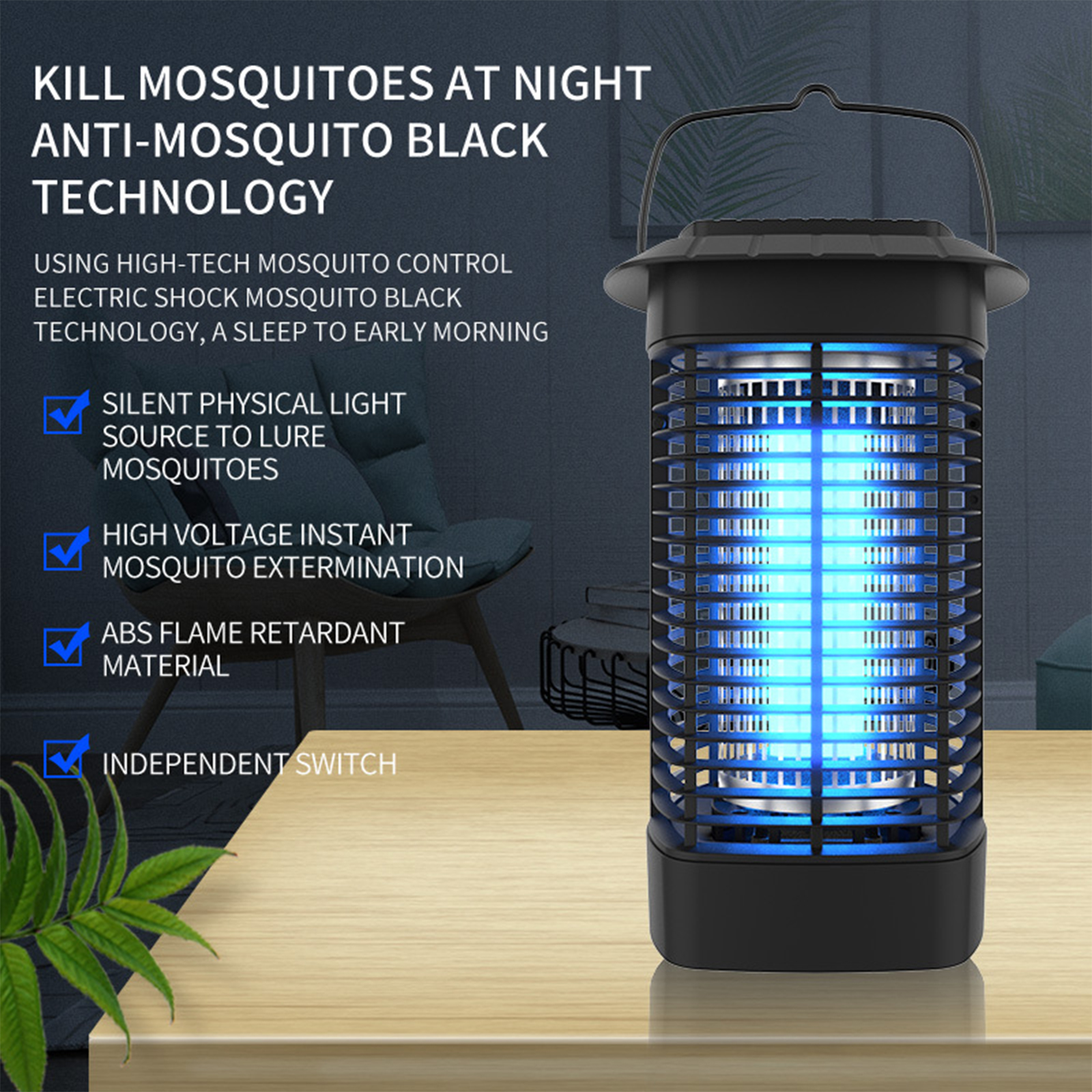 Schwarze Moskitokillerlampe. Blaues Licht innen sichtbar. Text über das Töten von Mücken.