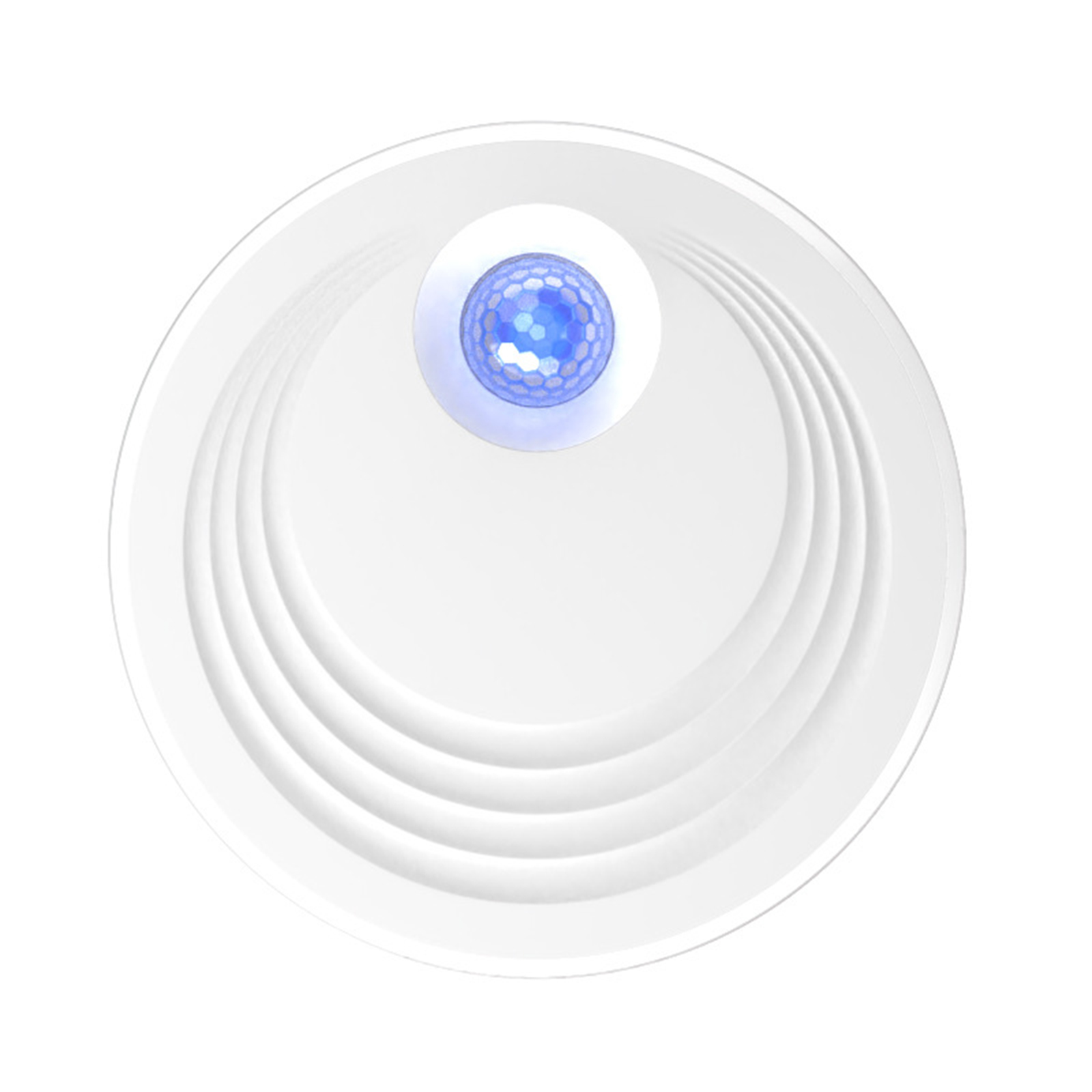 Ein weißes scheibenförmiges Objekt. Es hat ein blaues Licht in der Mitte. Das Objekt befindet sich auf weißem Hintergrund.