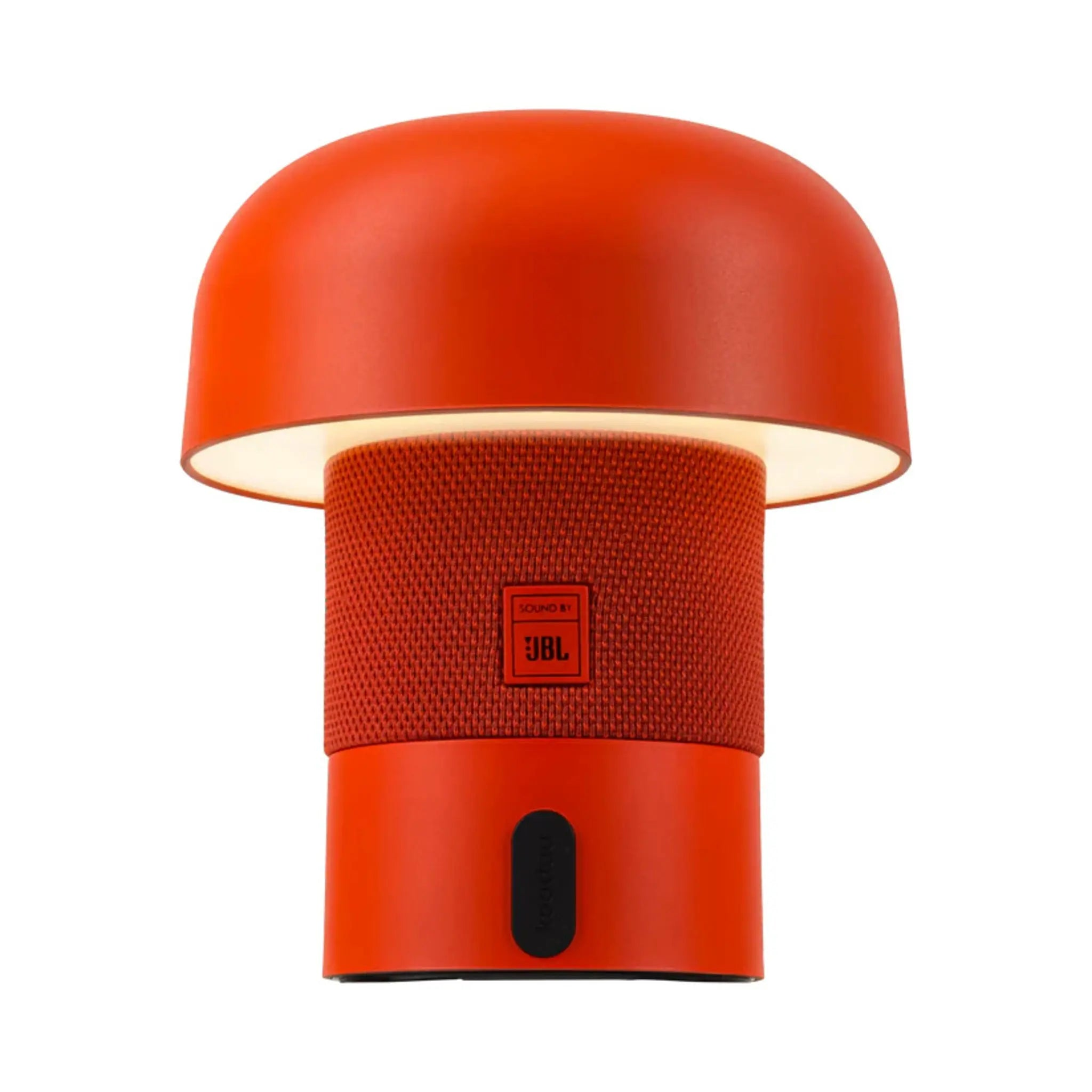 Orangefarbene JBL-Pilzlampe. Roter Sockel, Mesh-Mittelteil und Oberteil. Schwarze Taste.