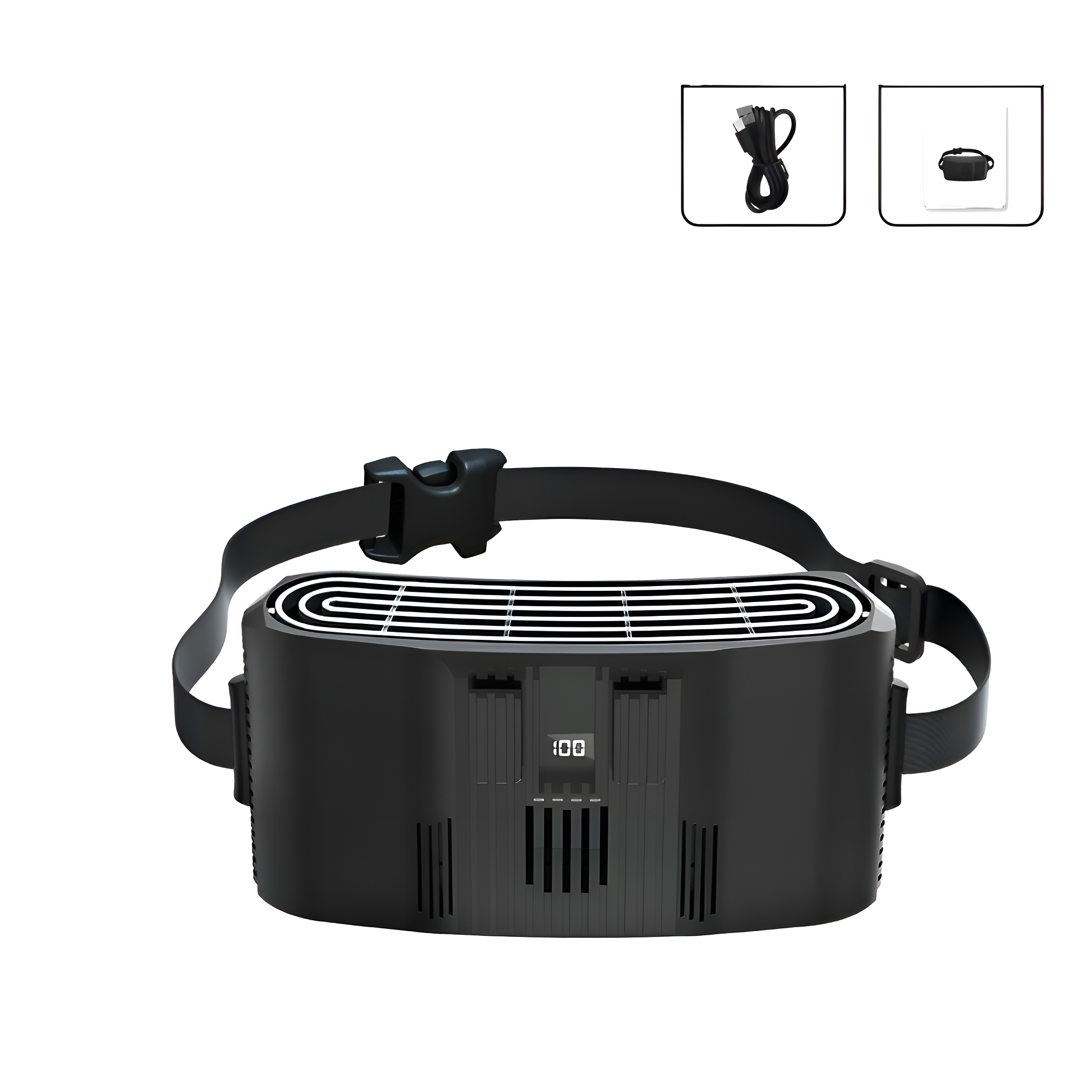 Schwarzes VR-Headset mit Riemen, Knöpfen und Lüftungsschlitzen. Weißer Hintergrund. Kleine Kabel- und Koffer-Icons.