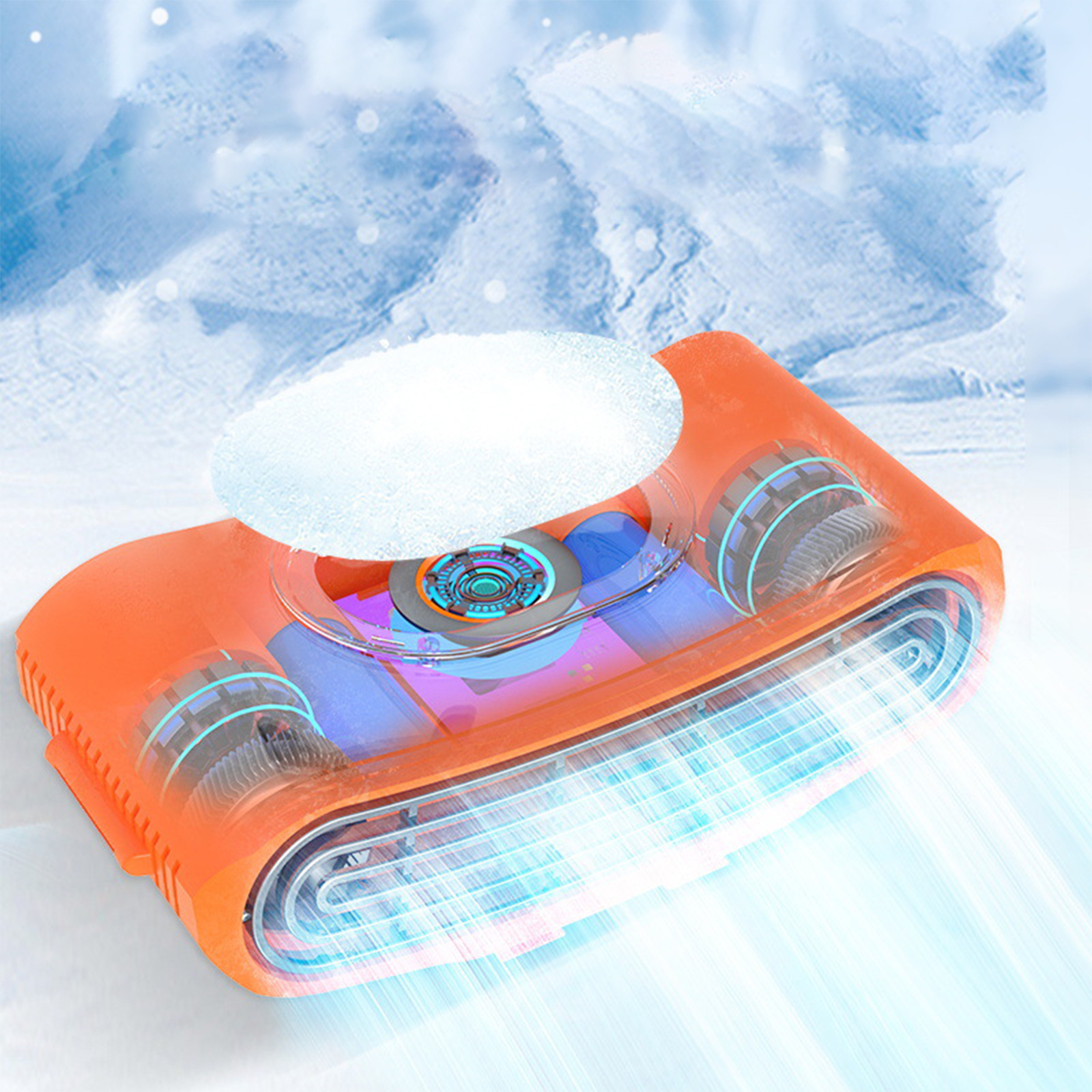 Ein oranges Gerät auf Schnee. Es hat Räder und ist zum Entfernen von Schnee gedacht.