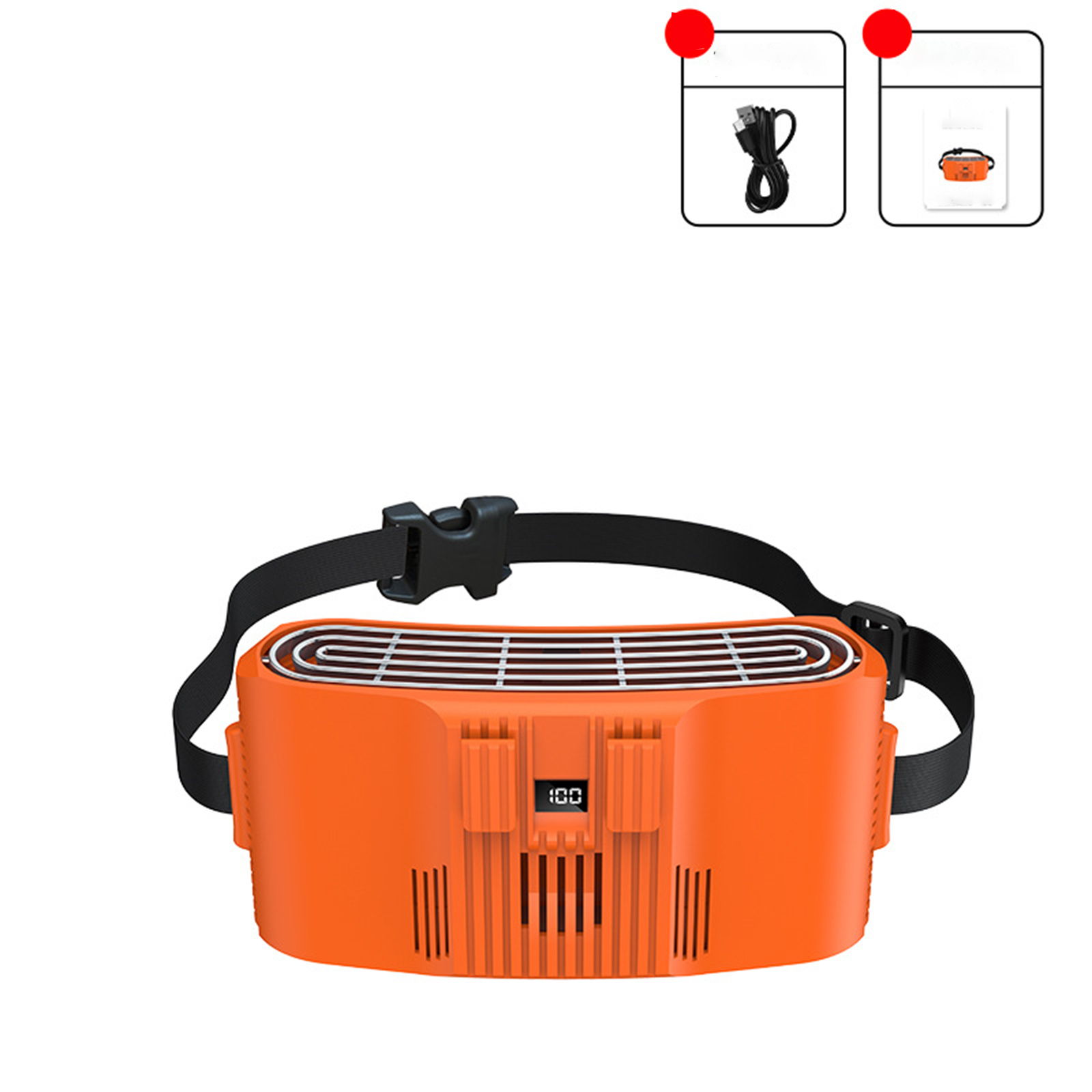 Ein orangefarbenes Gerät mit schwarzem Riemen. Zwei kleine Bilder zeigen ein Ladekabel und einen kleinen Beutel.