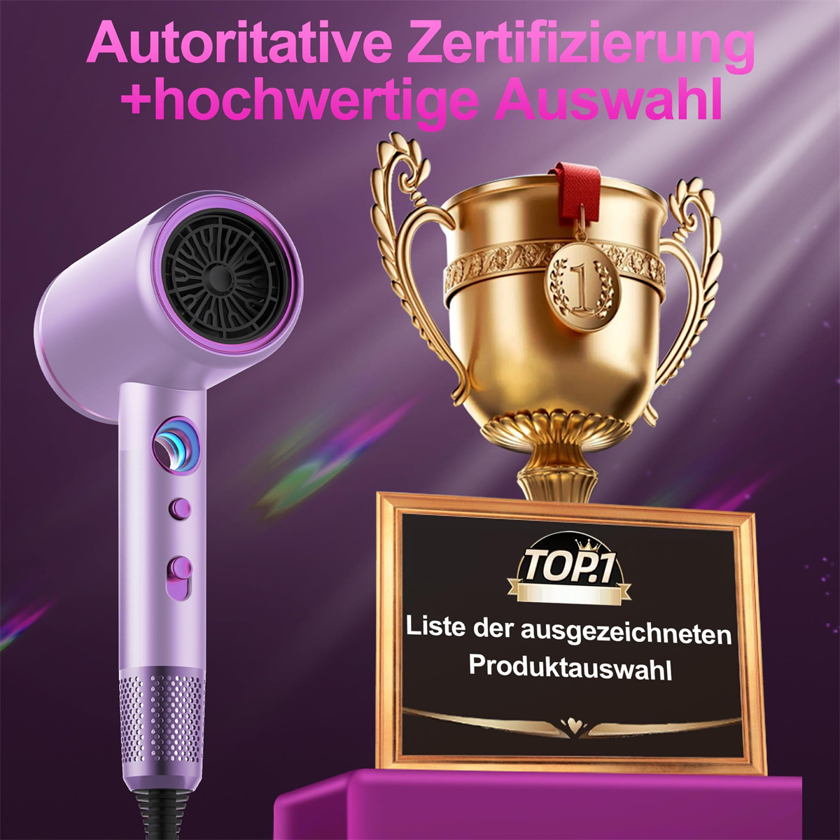 Haartrockner und Trophäe. Text: Autoritative Zertifizierung + hochwertige Auswahl. Top-1-Liste.