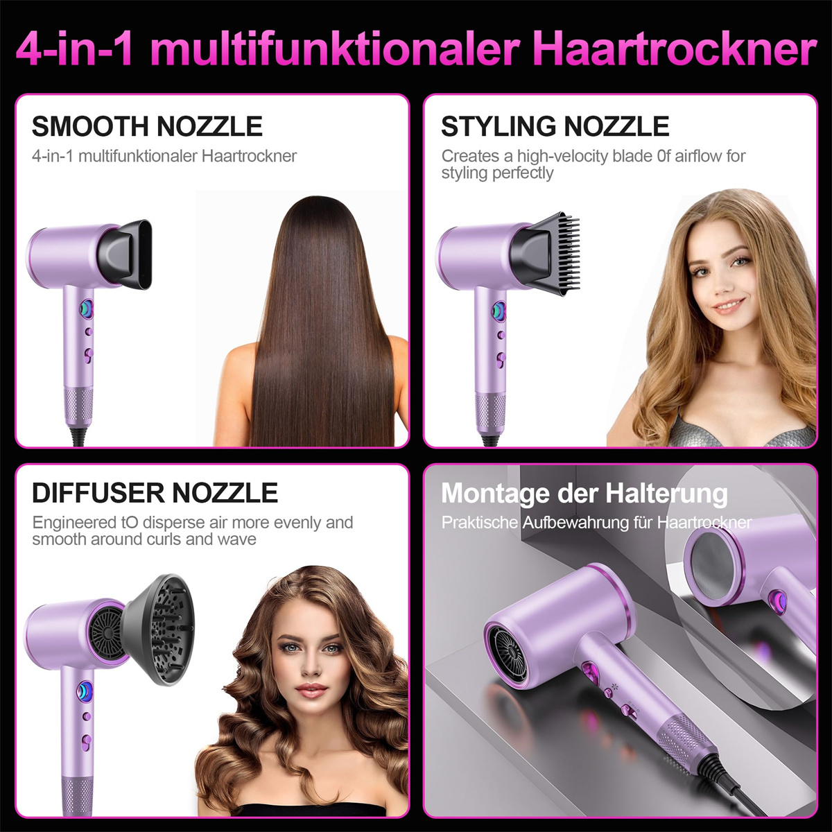 Haartrockner mit vier verschiedenen Düsentypen. Vier Bilder mit Frauen. Weißer Hintergrund.