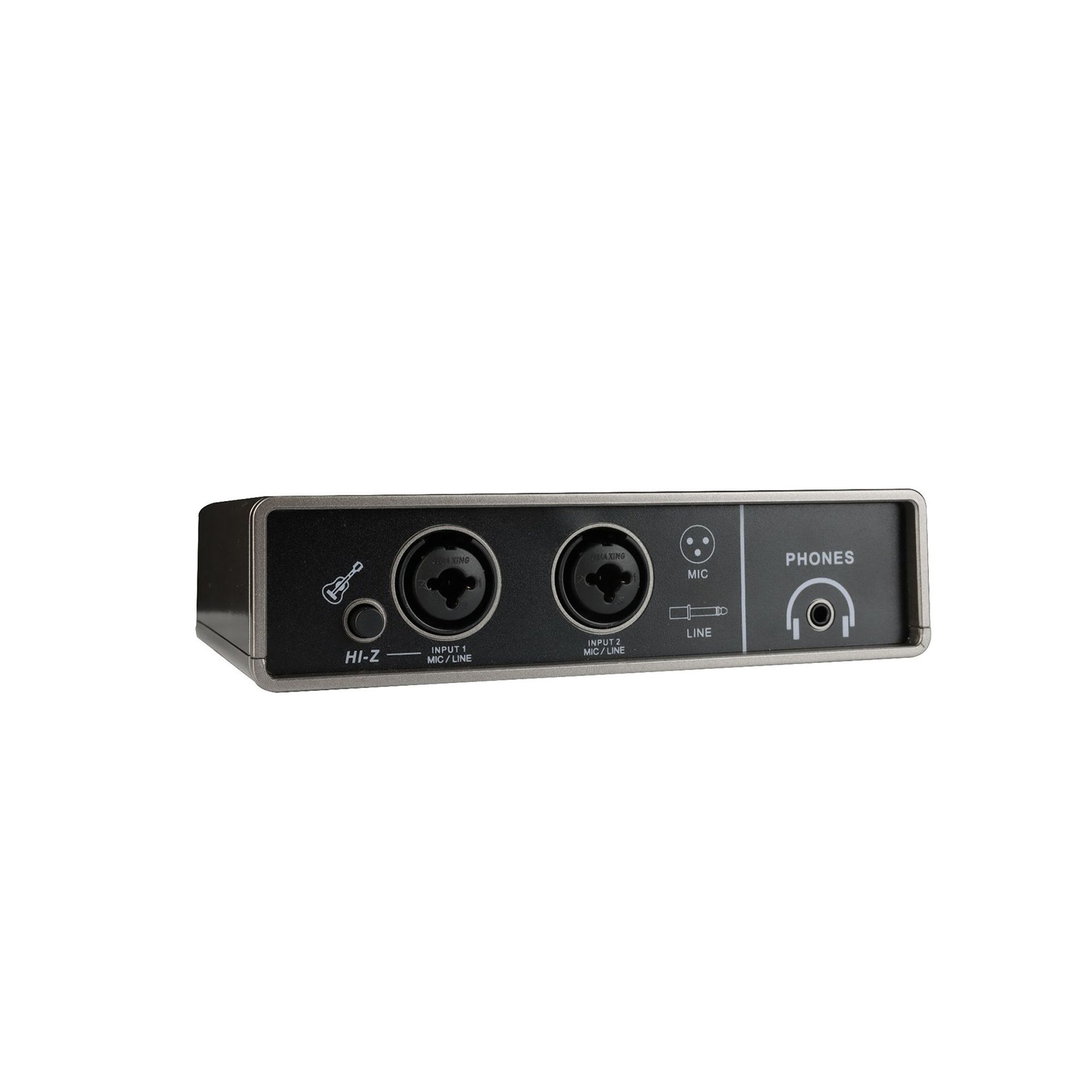 Schwarzes Audio-Interface mit Ein- und Ausgängen und Bedienelementen. Text: HI-Z, MIC, LINE und PHONES.
