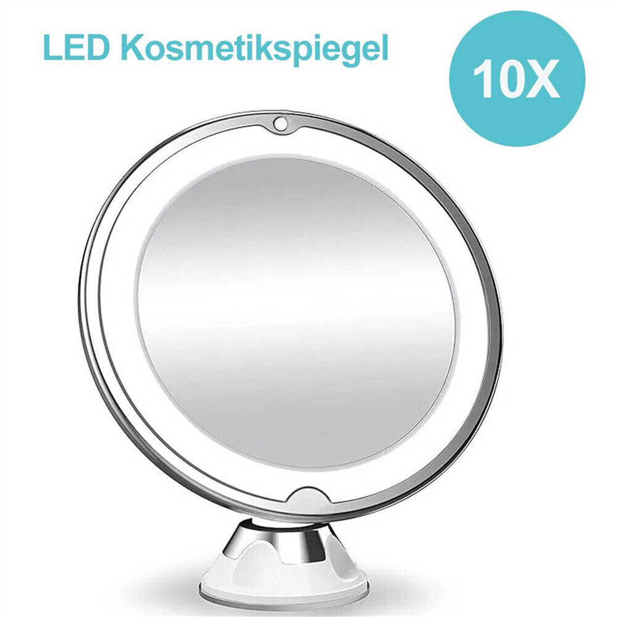 Ein runder, beleuchteter Kosmetikspiegel auf einem Ständer, mit 10x Vergrößerung.