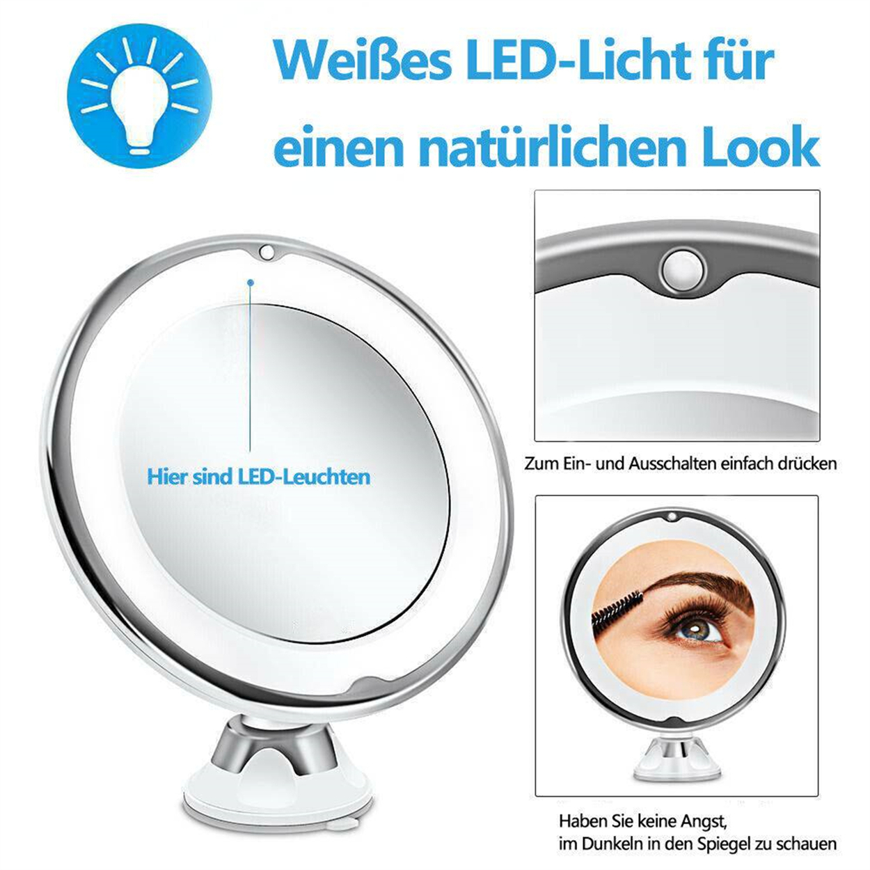 Ein weißer Spiegel mit Licht, der Spiegel hat Text, der seine Eigenschaften und Verwendung beschreibt.
