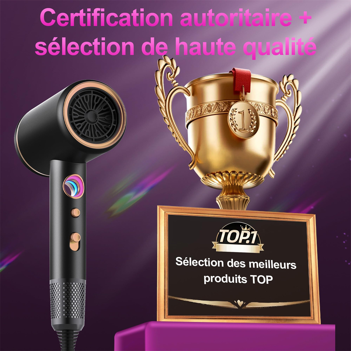 Ein schwarz-goldener Haartrockner neben einer goldenen Trophäe und Auszeichnung.