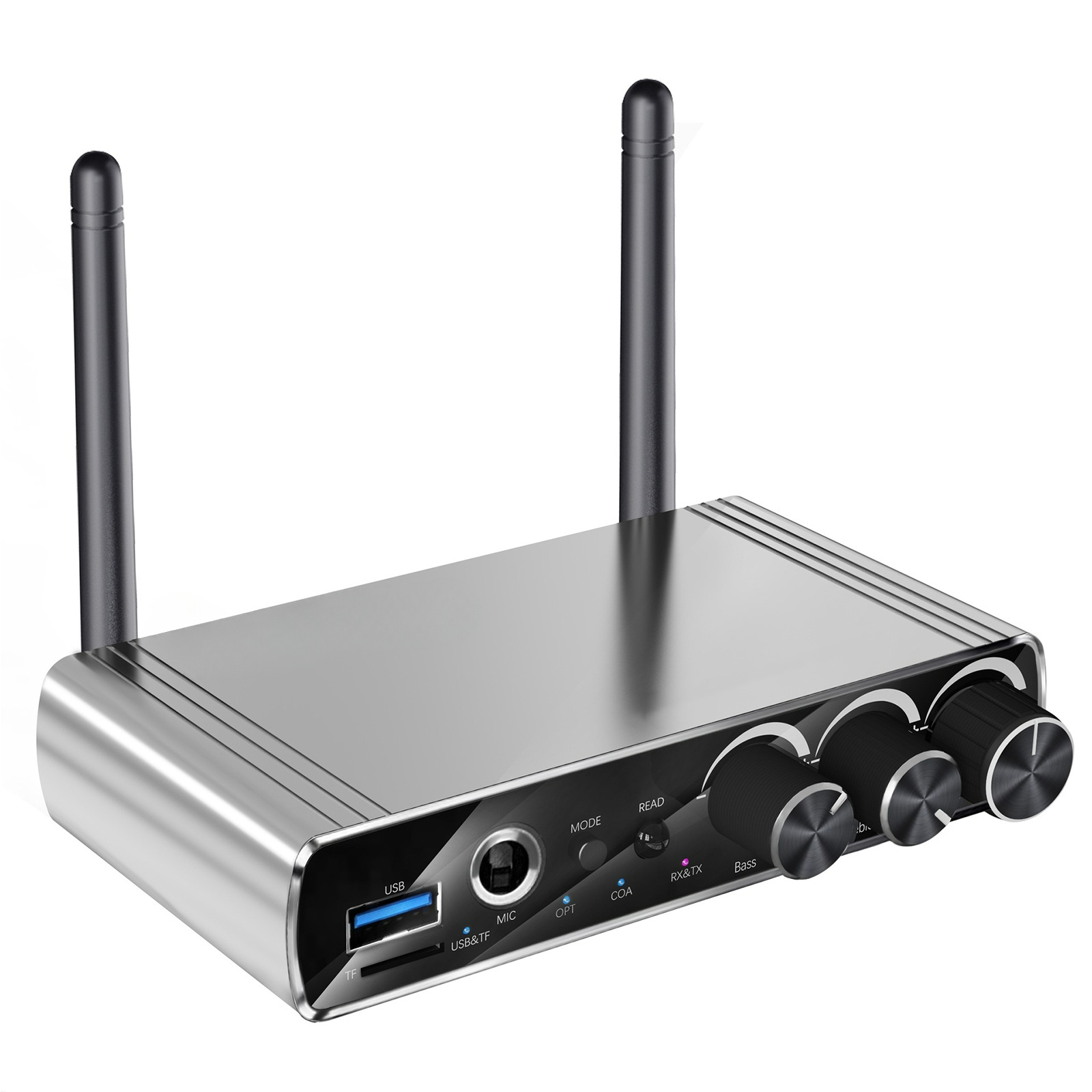 Ein silbernes Audiogerät mit Knöpfen und Antennen. Es hat USB-, Mikrofon- und TF-Anschlüsse.