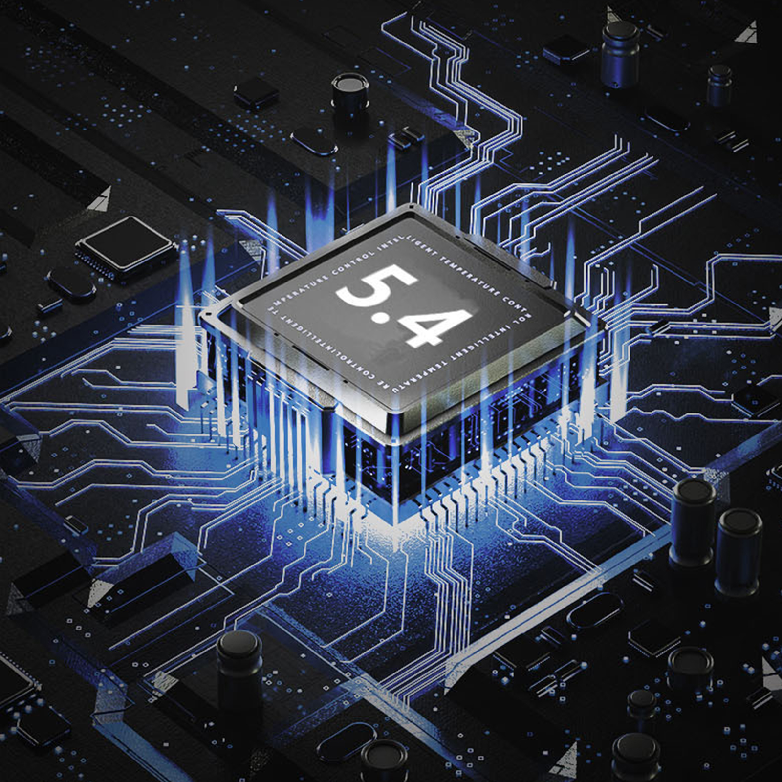 Nahaufnahme eines schwarz-blauen Computerchips mit der Nummer 5.4 darauf.
