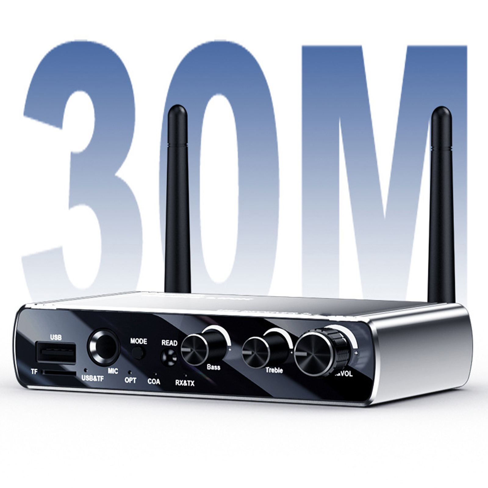 Ein silbernes Audiogerät hat zwei Antennen und mehrere Knöpfe. Das Wort „30M“ wird in großen blauen Buchstaben darüber angezeigt.