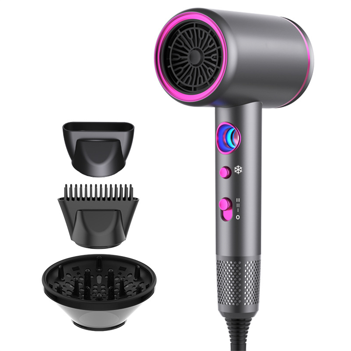 Ein grauer und rosa Haartrockner mit Aufsätzen. Der Trockner hat Knöpfe und ein Kabel.