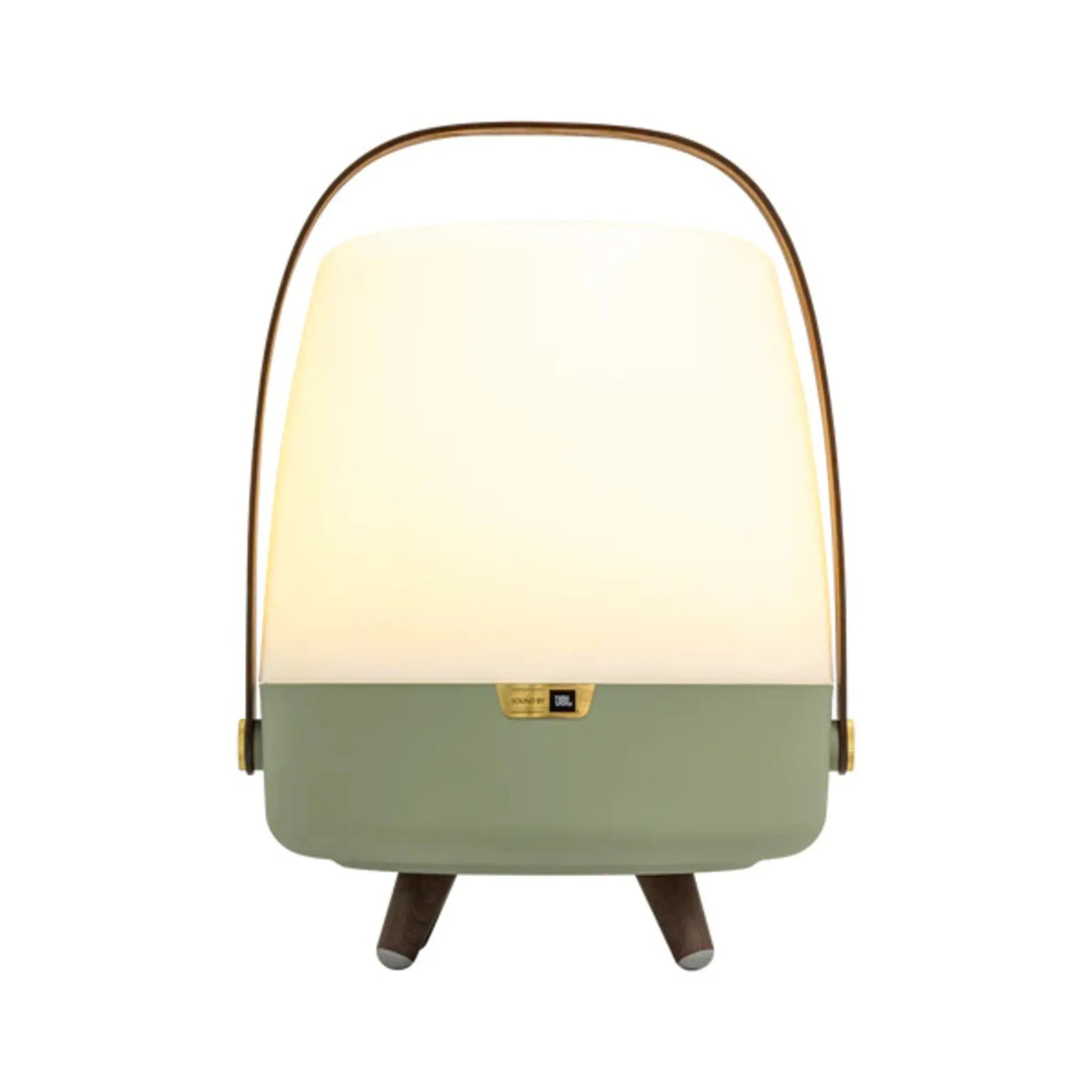 Eine Lampe mit Griff. Die Lampe ist grün und hat einen Griff. Sie steht auf drei Beinen.