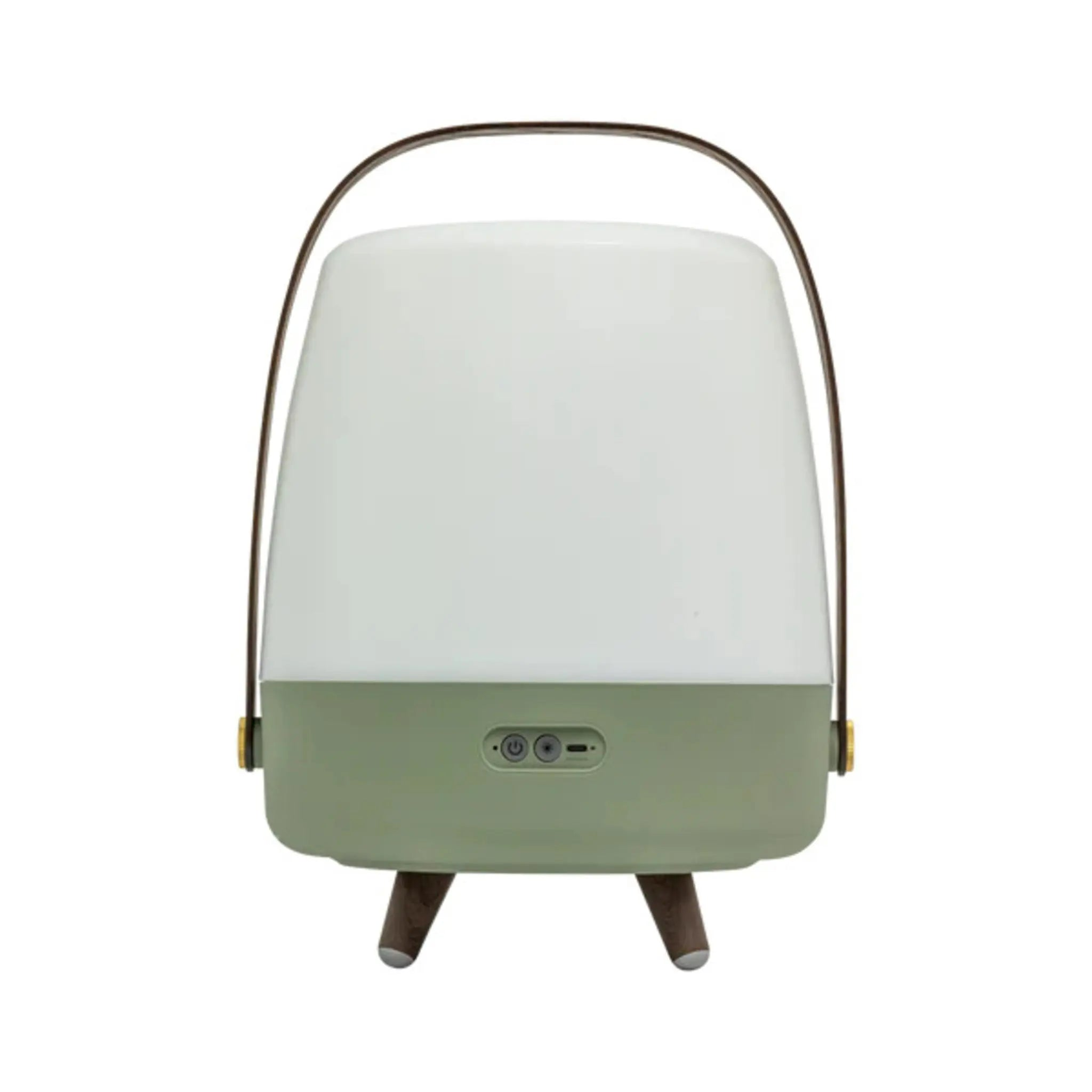 Weiße und grüne Lampe mit Griff und Holzbeinen. Weißer Hintergrund.