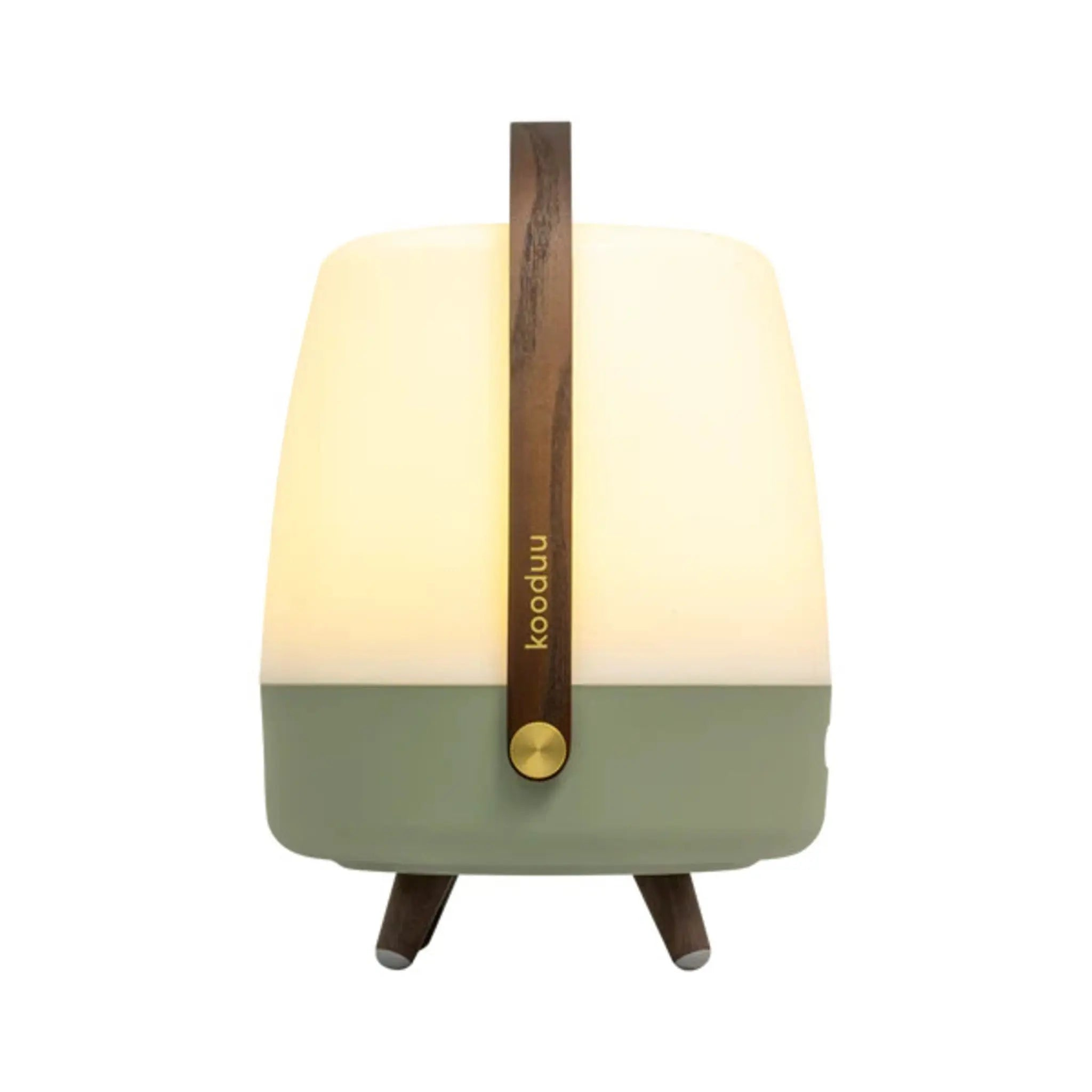Moderne Tischlampe, hellgrüner Sockel, weißer Oberteil, Holzgriff und drei Holzbeine.