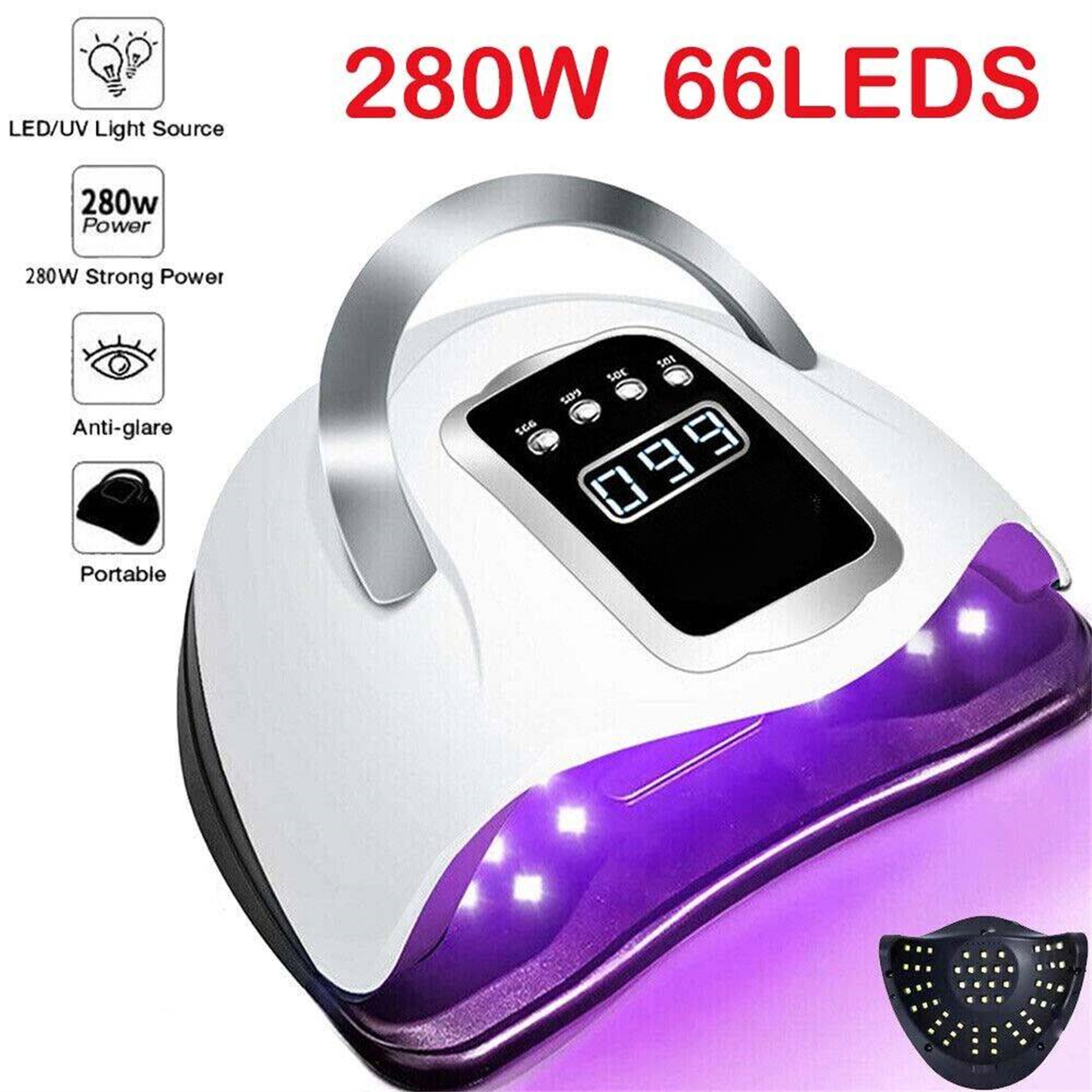 Weiß-violette UV-Nagellampe mit Griff und digitalem Timer.