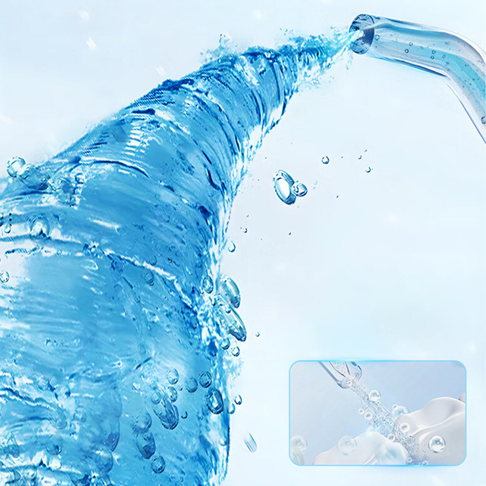 Ein Wasserstrahl mit Blasen wird gegossen. Ein weiteres kleines Bild einer Düse, die Wasser gießt, befindet sich in der Ecke.