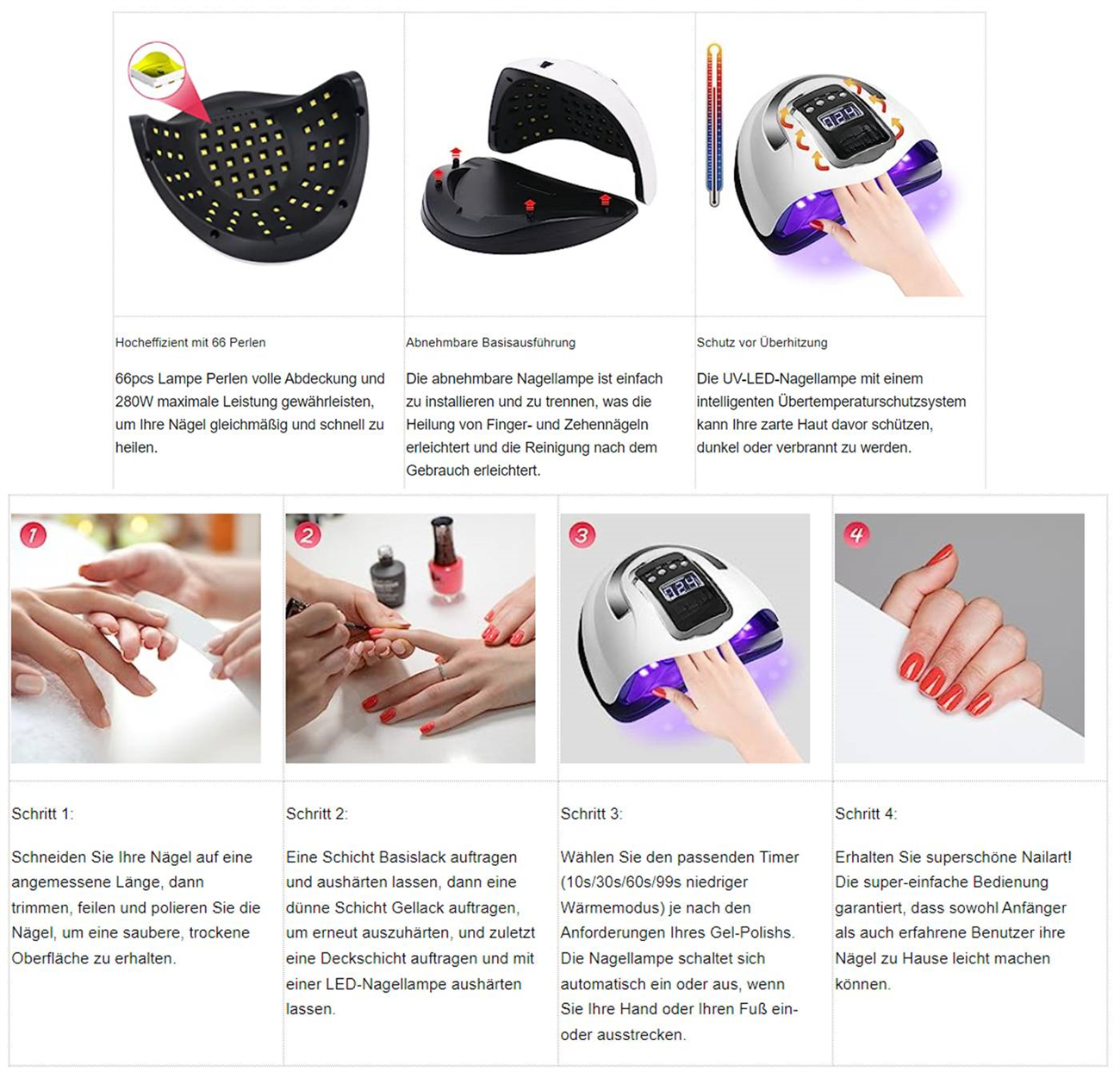 Nagellampe und Schritte zum Nägelmachen mit Bildern.
