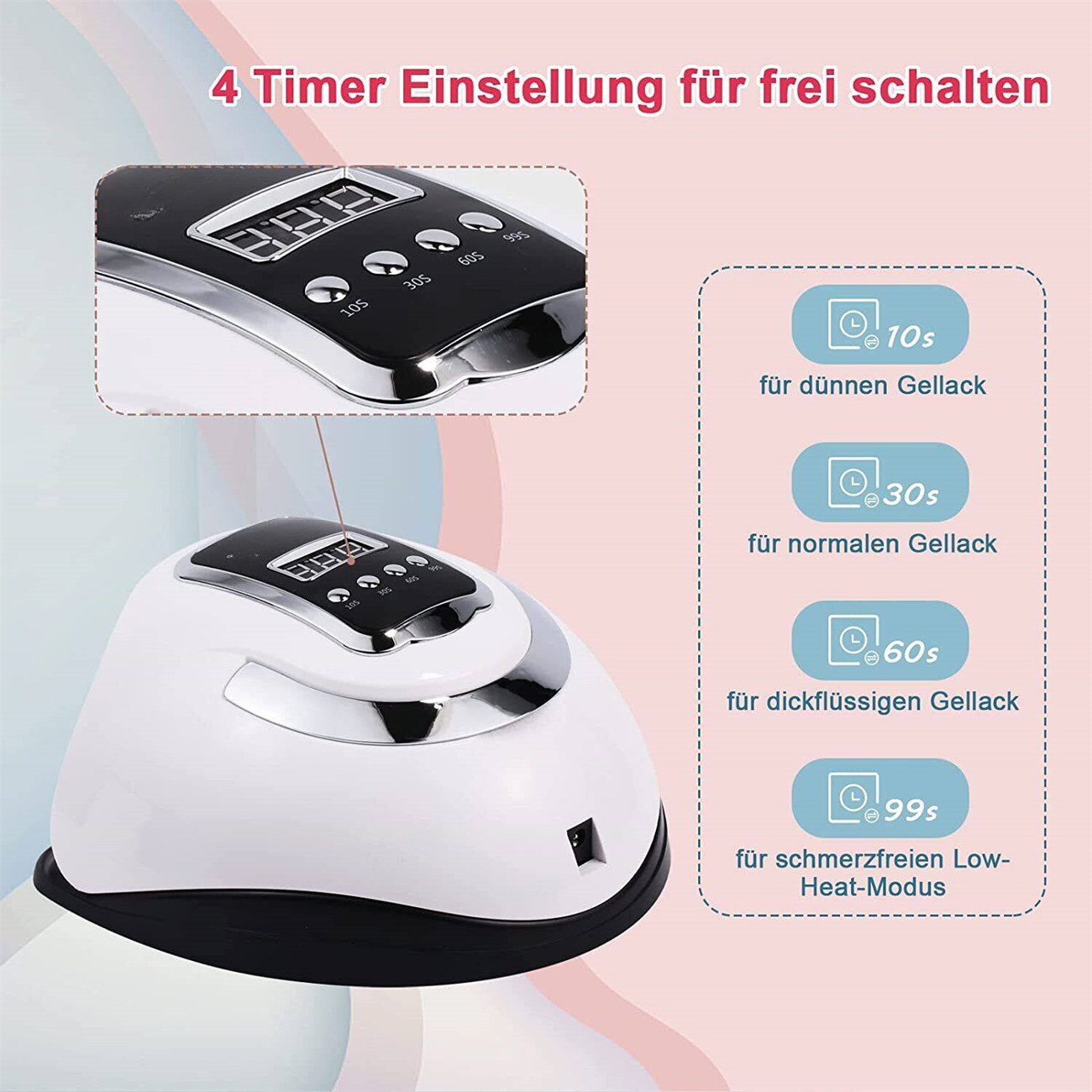 Weiße und silberne UV-LED-Nagellampe, mit Digitalanzeige und Timereinstellungen für Gele.