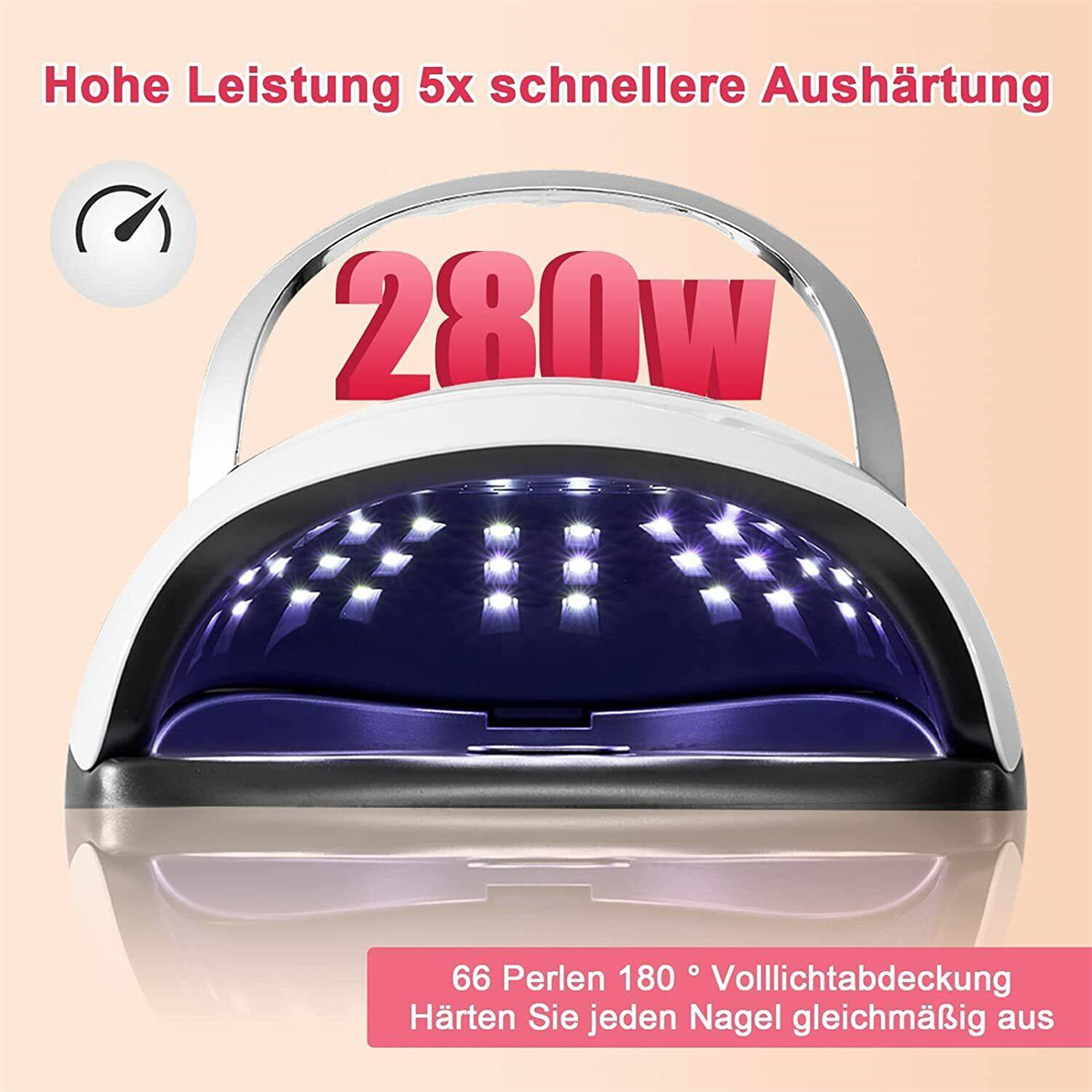Eine Nagellampe mit 280W-Etikett, umgeben von LEDs und Text.