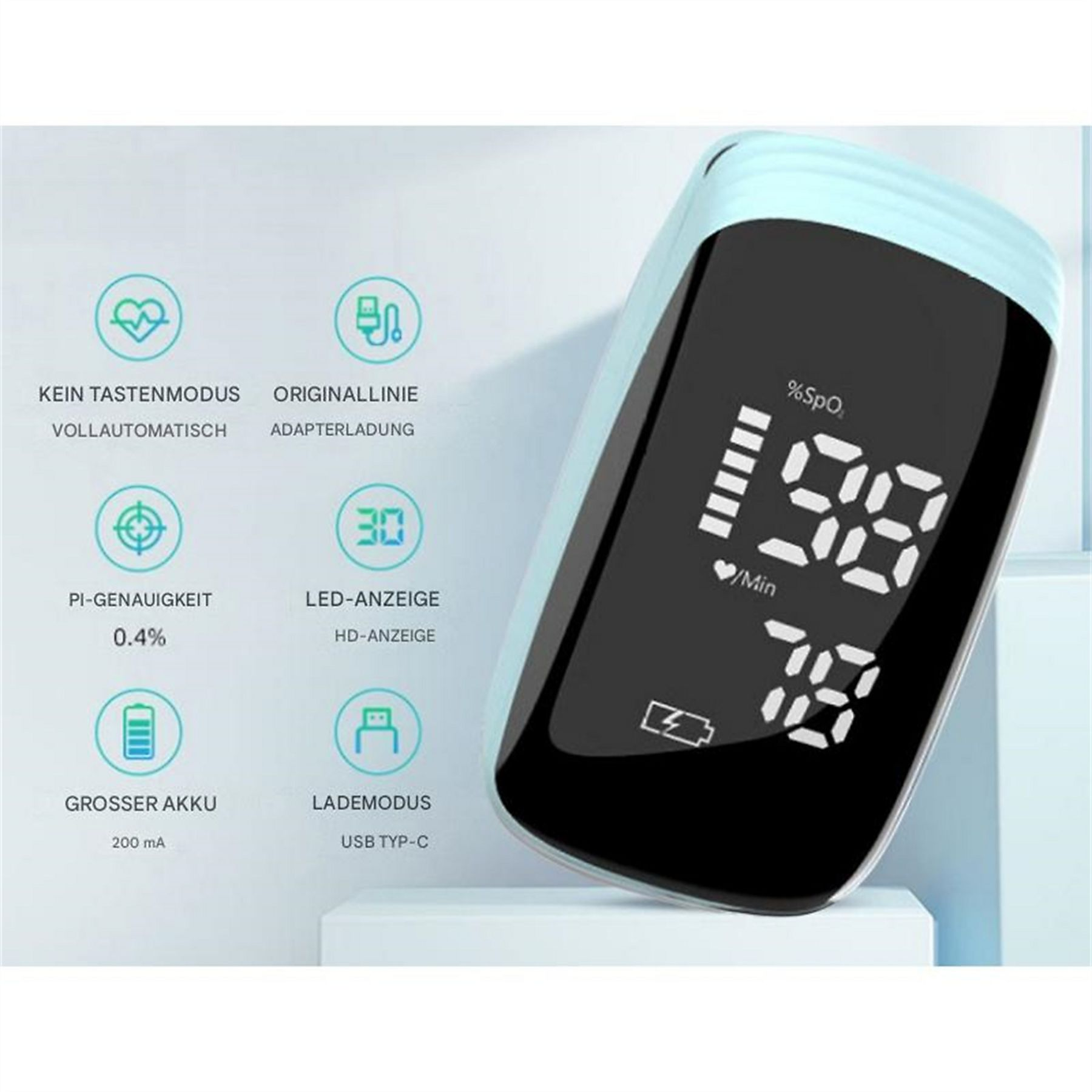 Medizinisches Gerät mit Digitalanzeige. Zeigt Messwerte an. Hat Symbole und ein hellblaues Gehäuse.