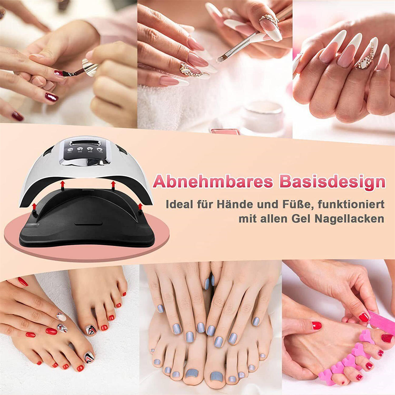 Mehrere Bilder von Nägeln, die gemacht werden. Verschiedene Nageldesigns mit Gel und einer UV-Lampe.