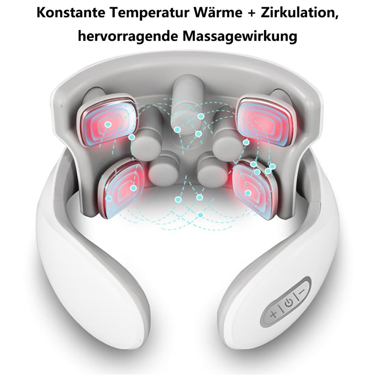Ein weißes Nackenmassagegerät mit roten und blauen Lichtern, mit Abmessungen. Ein Bedienfeld ist sichtbar.