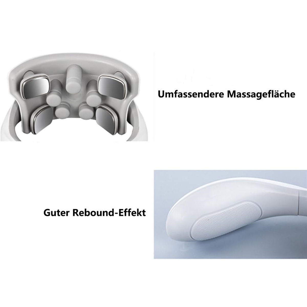 Nahaufnahme eines weißen Massagegeräts. Zeigt die Massageköpfe und den Griff.